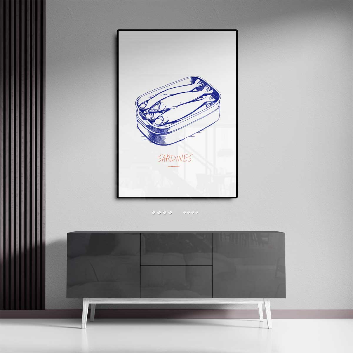Blauwe Sardines Illustratie Kunstwerk-canvas-dibond-plexiglas-wanddecoratie-WallArtistic