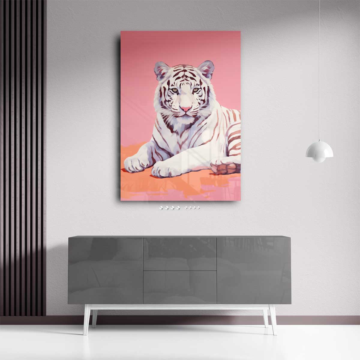 Charmante Witte Tijger op Roze Kunstwerk-canvas-dibond-plexiglas-wanddecoratie-WallArtistic