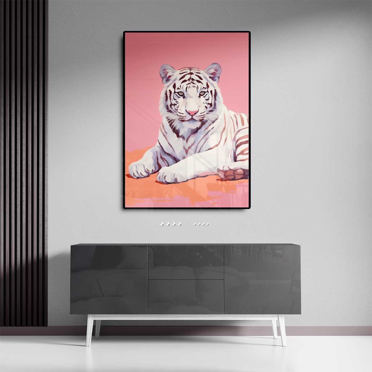 Charmante Witte Tijger op Roze Kunstwerk-canvas-dibond-plexiglas-wanddecoratie-WallArtistic