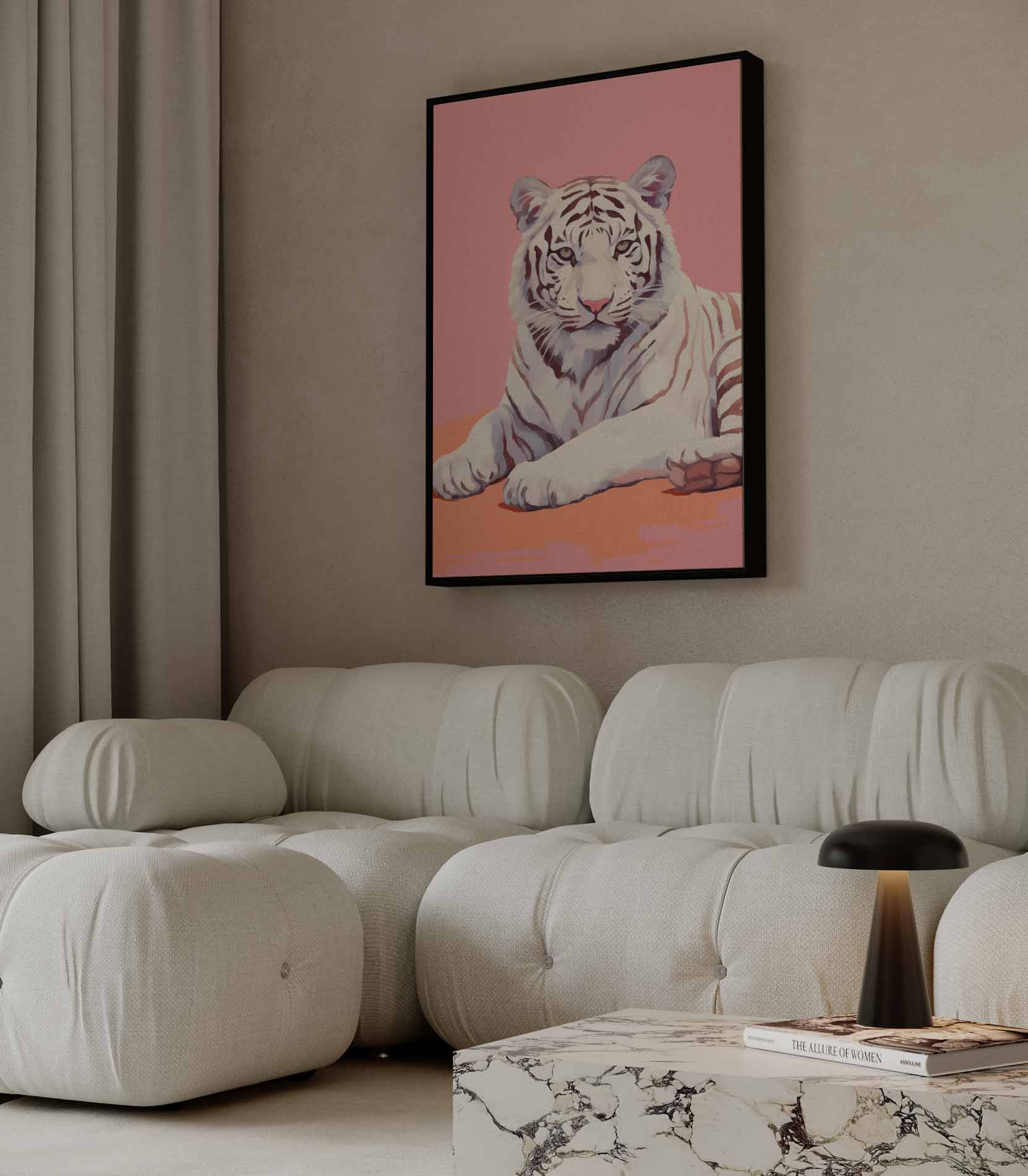 Charmante Witte Tijger op Roze Kunstwerk-canvas-dibond-plexiglas-wanddecoratie-WallArtistic