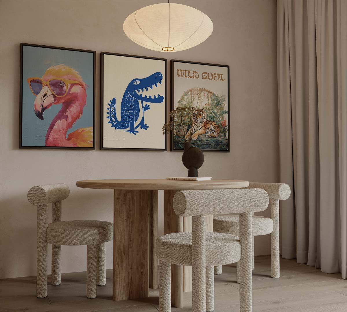 Wilde dieren: flamingo, krokodil en tijger met tekst 'WILD SOUL' Kunstwerk-canvas-dibond-plexiglas-wanddecoratie-WallArtistic