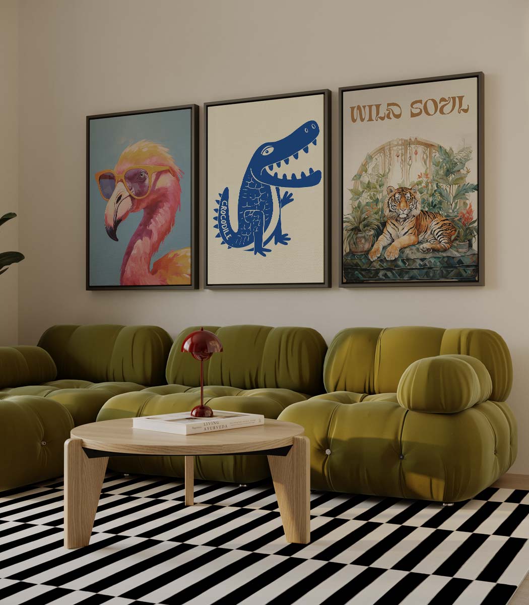 Wilde dieren: flamingo, krokodil en tijger met tekst 'WILD SOUL' Kunstwerk-canvas-dibond-plexiglas-wanddecoratie-WallArtistic