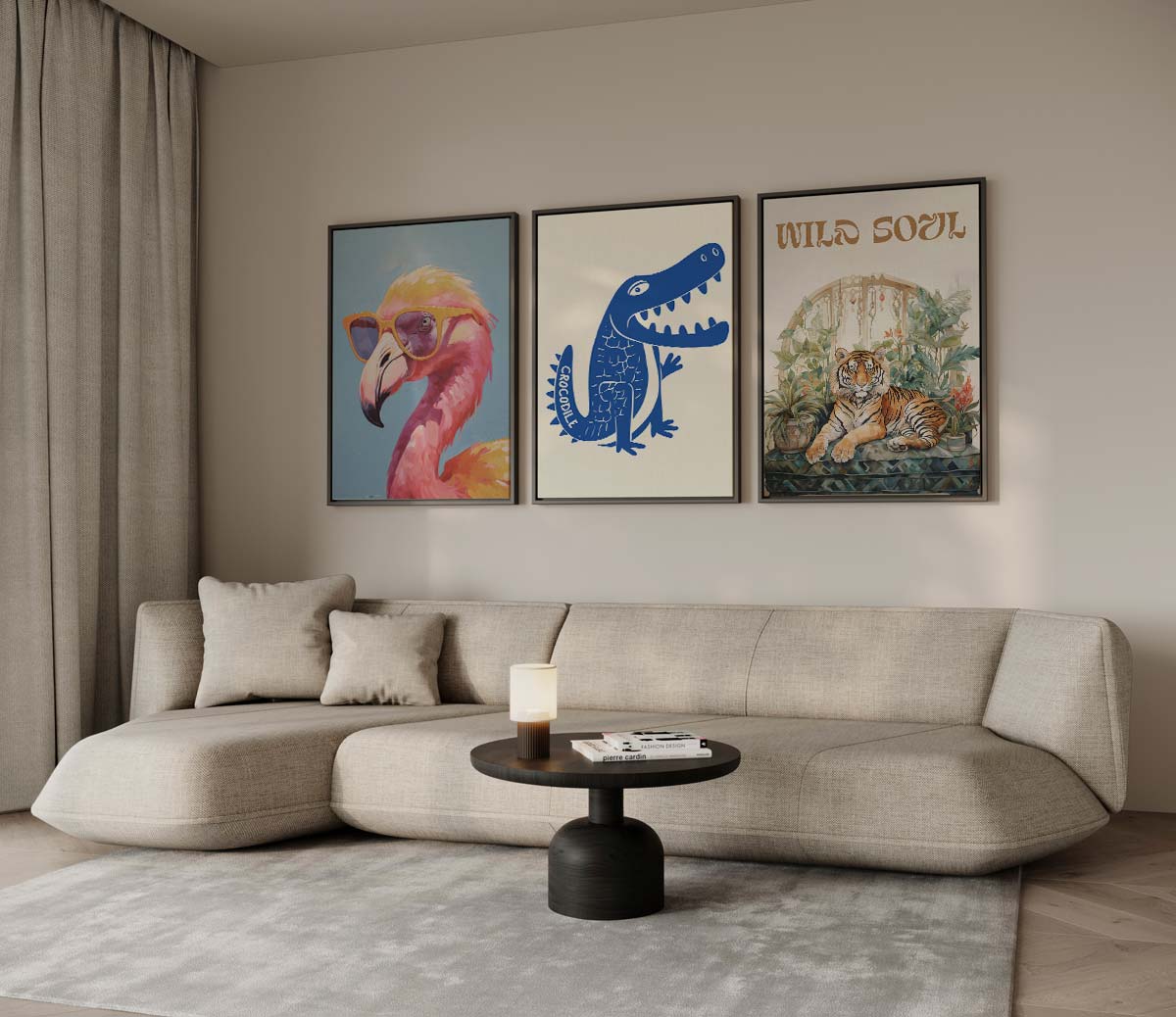 Wilde dieren: flamingo, krokodil en tijger met tekst 'WILD SOUL' Kunstwerk-canvas-dibond-plexiglas-wanddecoratie-WallArtistic