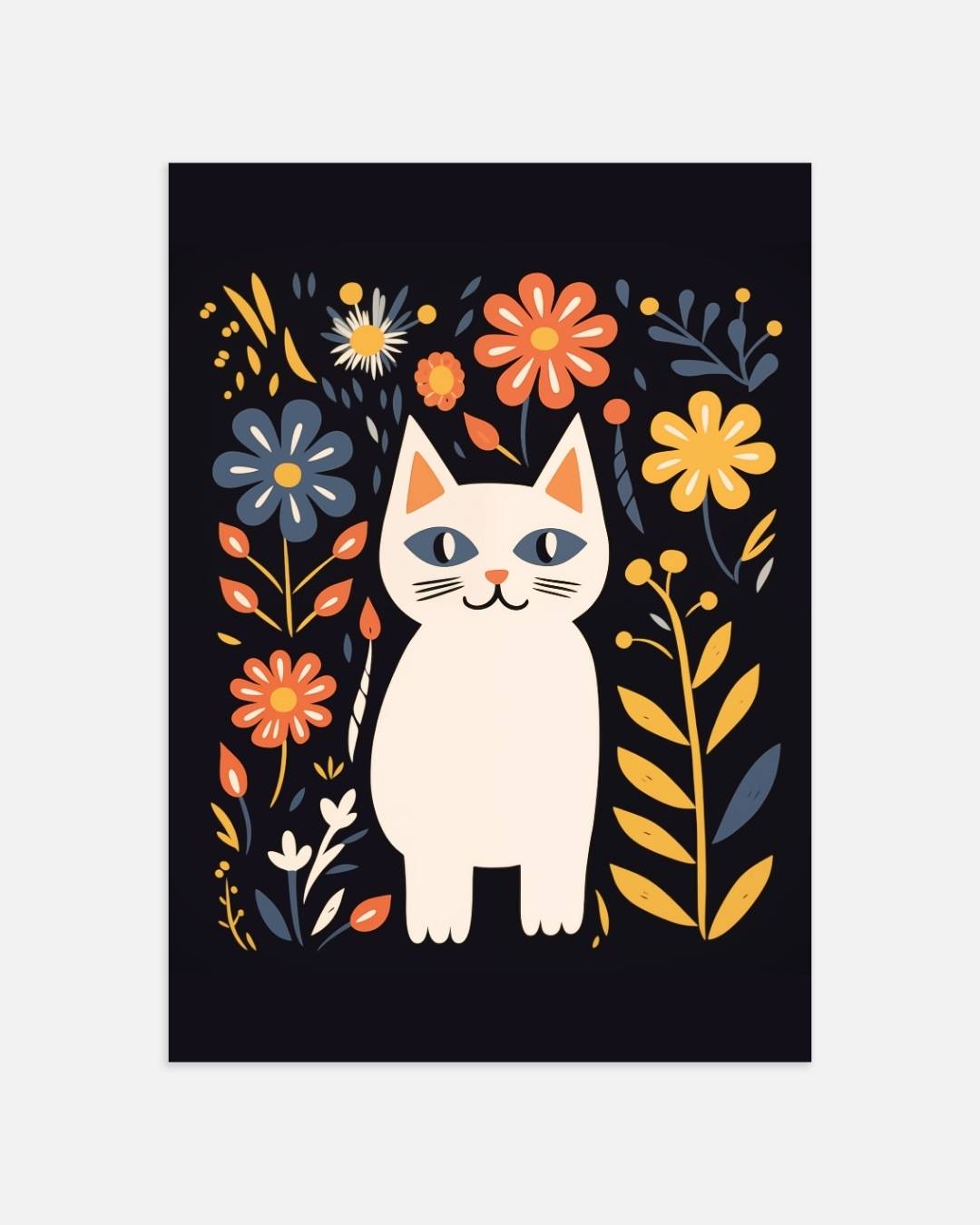 Vrolijke kat en bloemen Poster