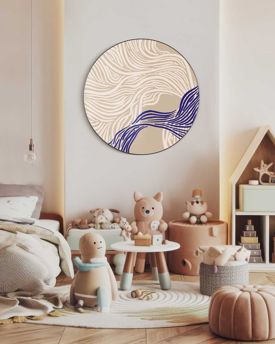 Artistieke Muurcirkel Beige en Blauw