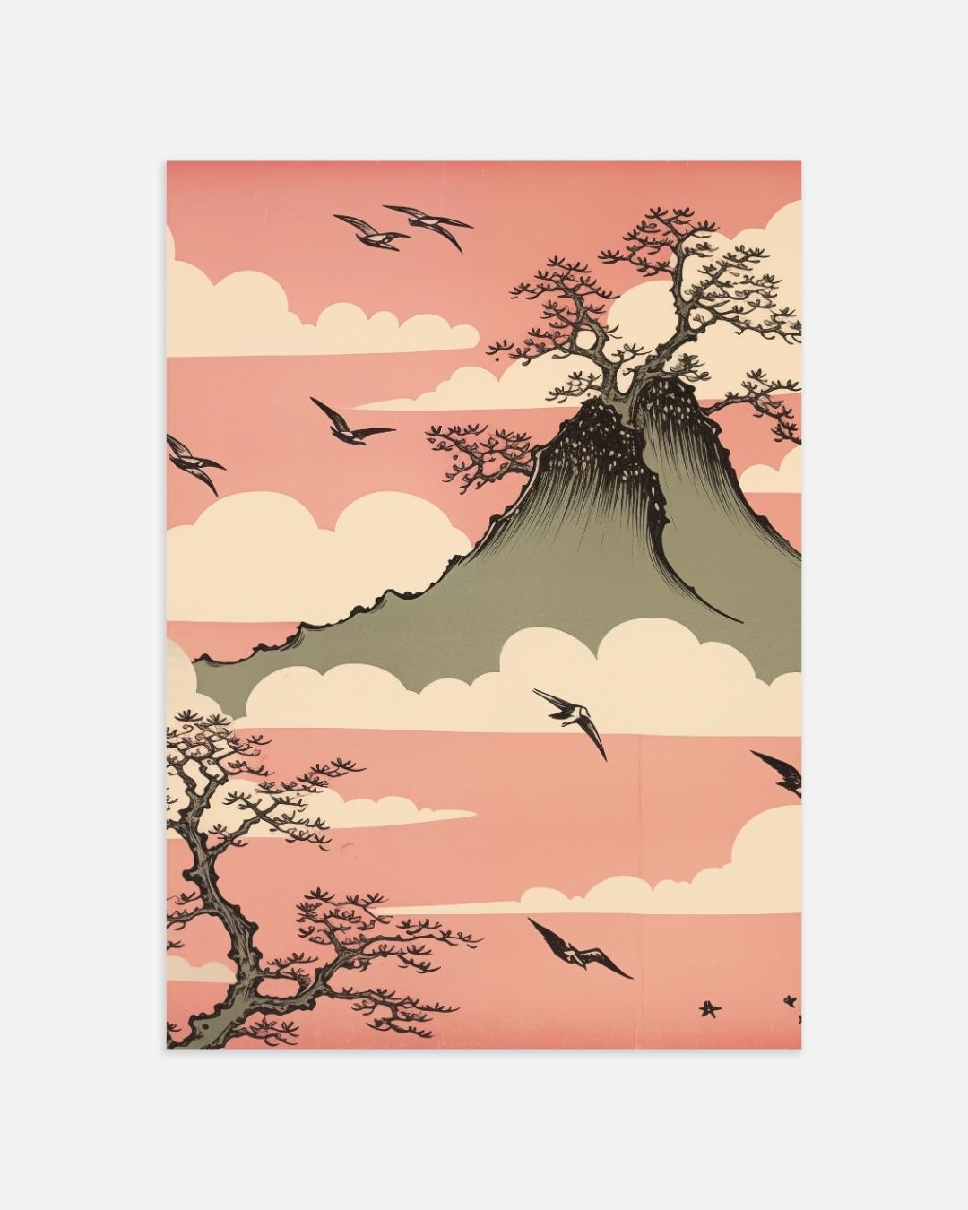 Japanse berg en vogels Poster