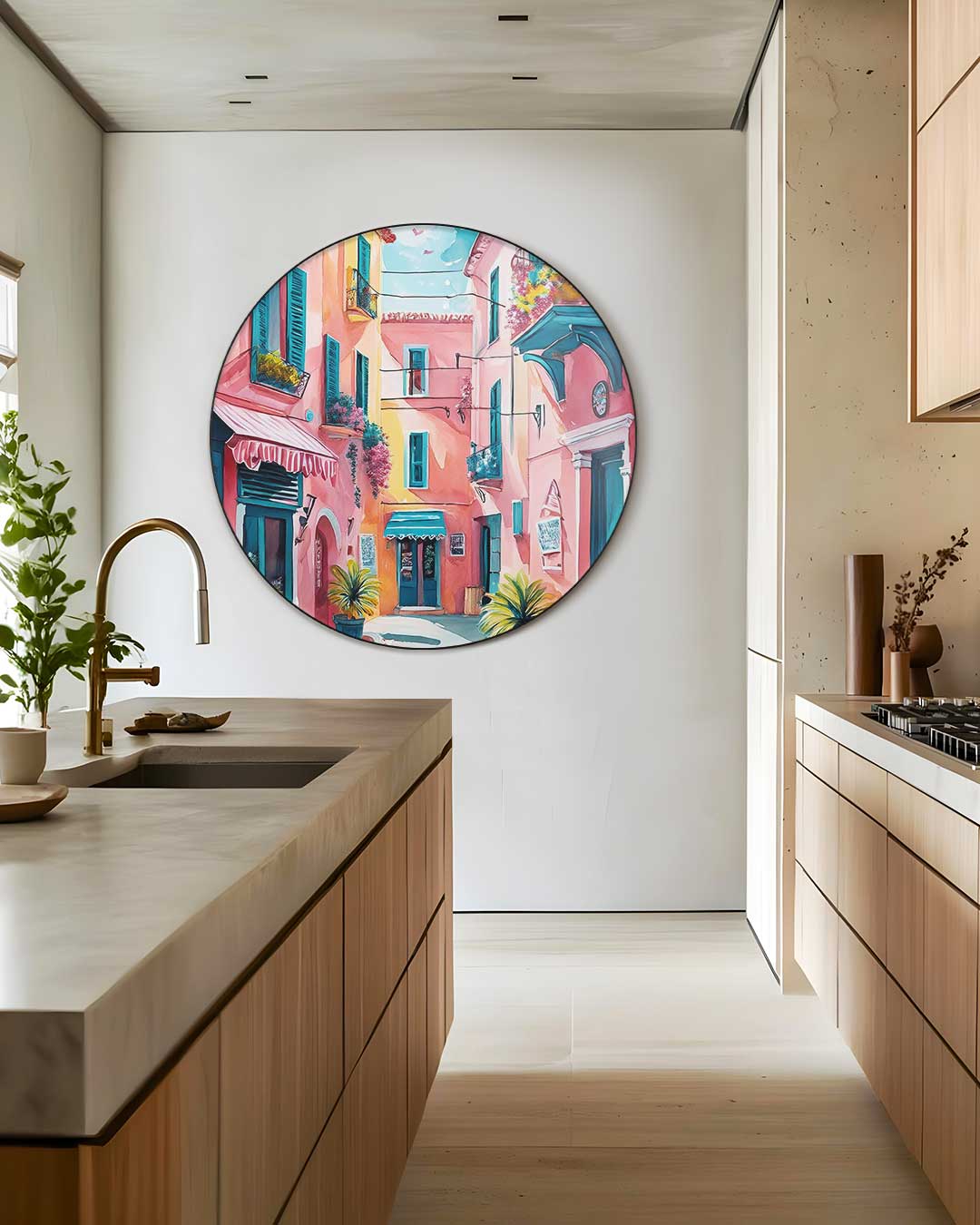 Zonnige Mediterrane Straat Muurcirkel-WallArtistic