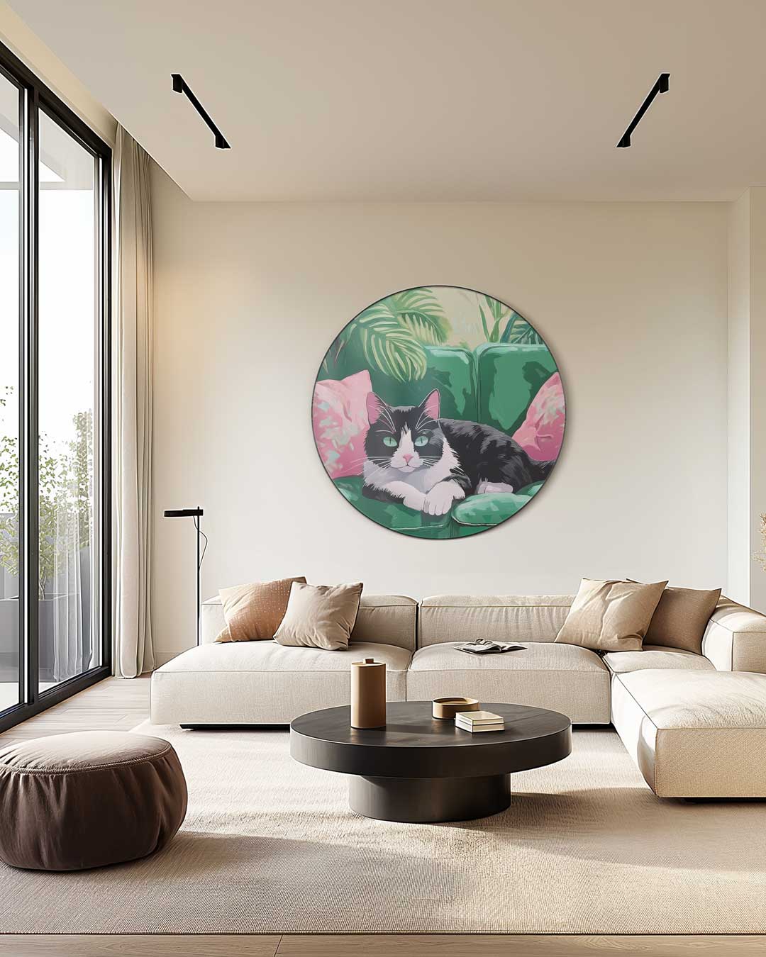 Relaxte Kat op Groene Bank Muurcirkel
