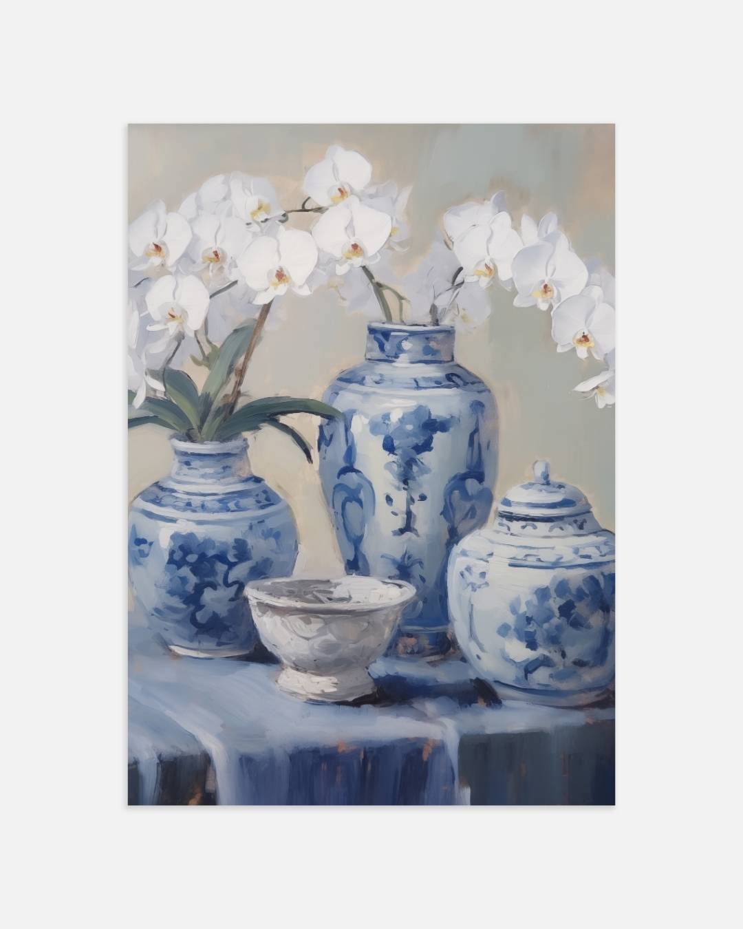 Blauwe vazen en orchideeën Poster