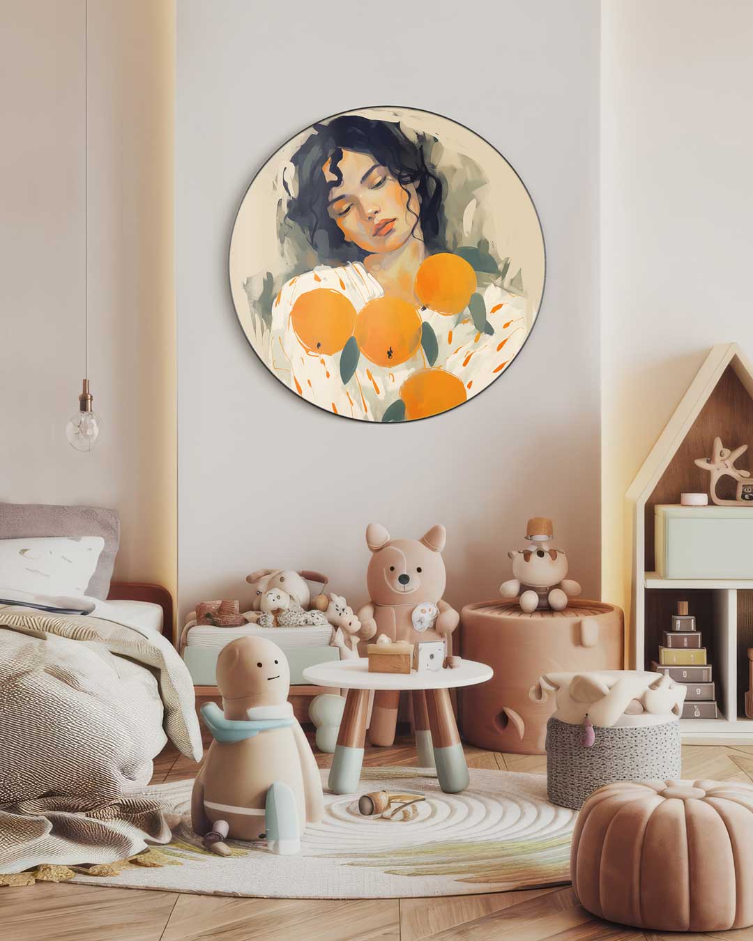 Dromerige Vrouw met Sinaasappels Muurcirkel-WallArtistic