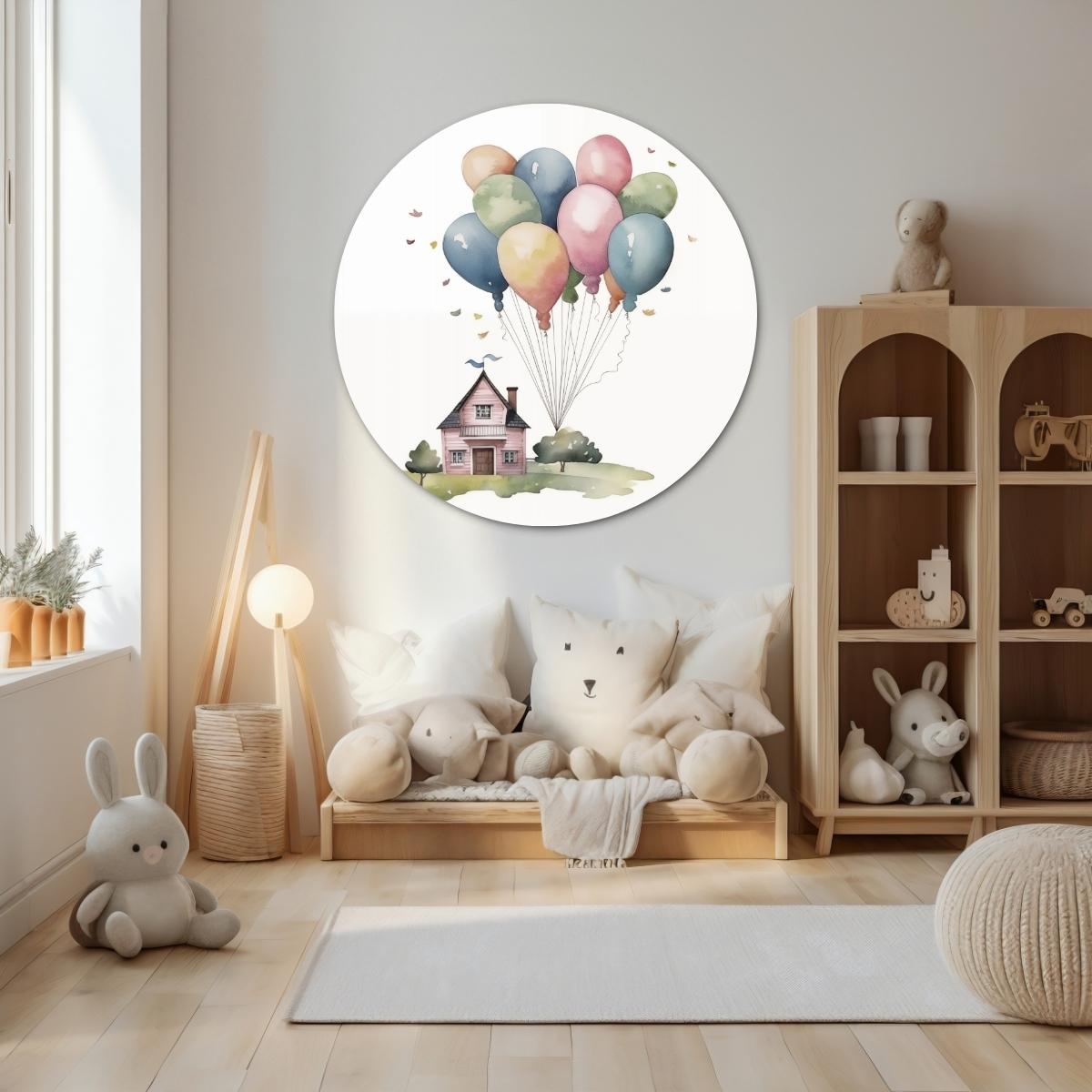 Huis met ballonnen muurcirkel-WallArtistic