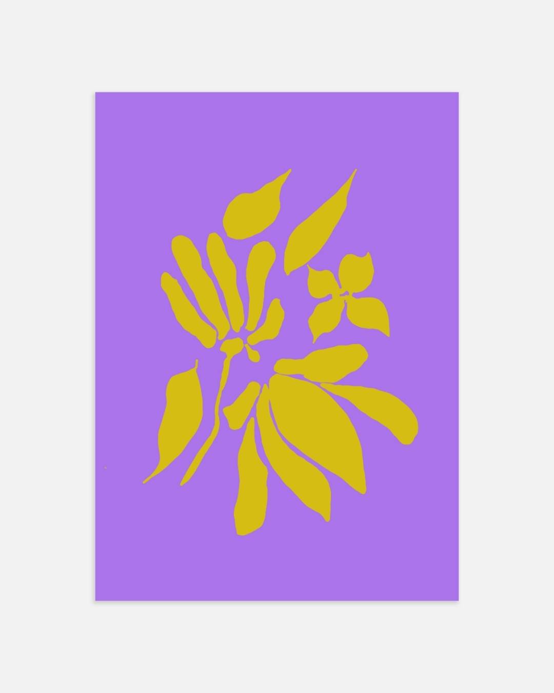 Gele abstracte bloemensilhouet op paarse achtergrond Poster