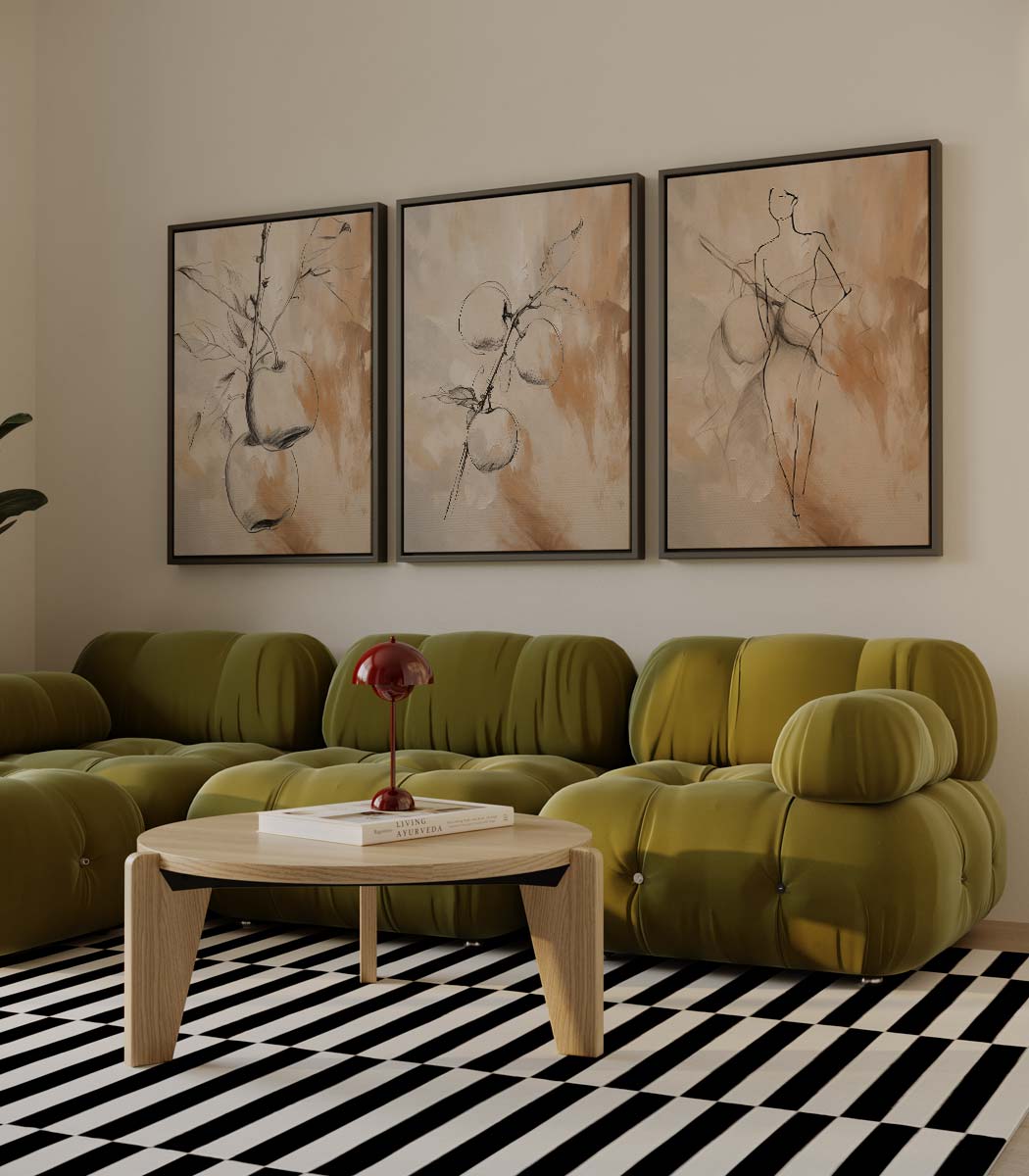 Perziken en figuren in schetsstijl Kunstwerk-canvas-dibond-plexiglas-wanddecoratie-WallArtistic