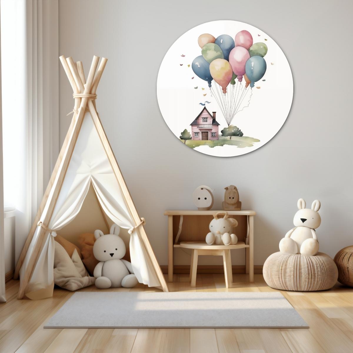 Huis met ballonnen muurcirkel-WallArtistic