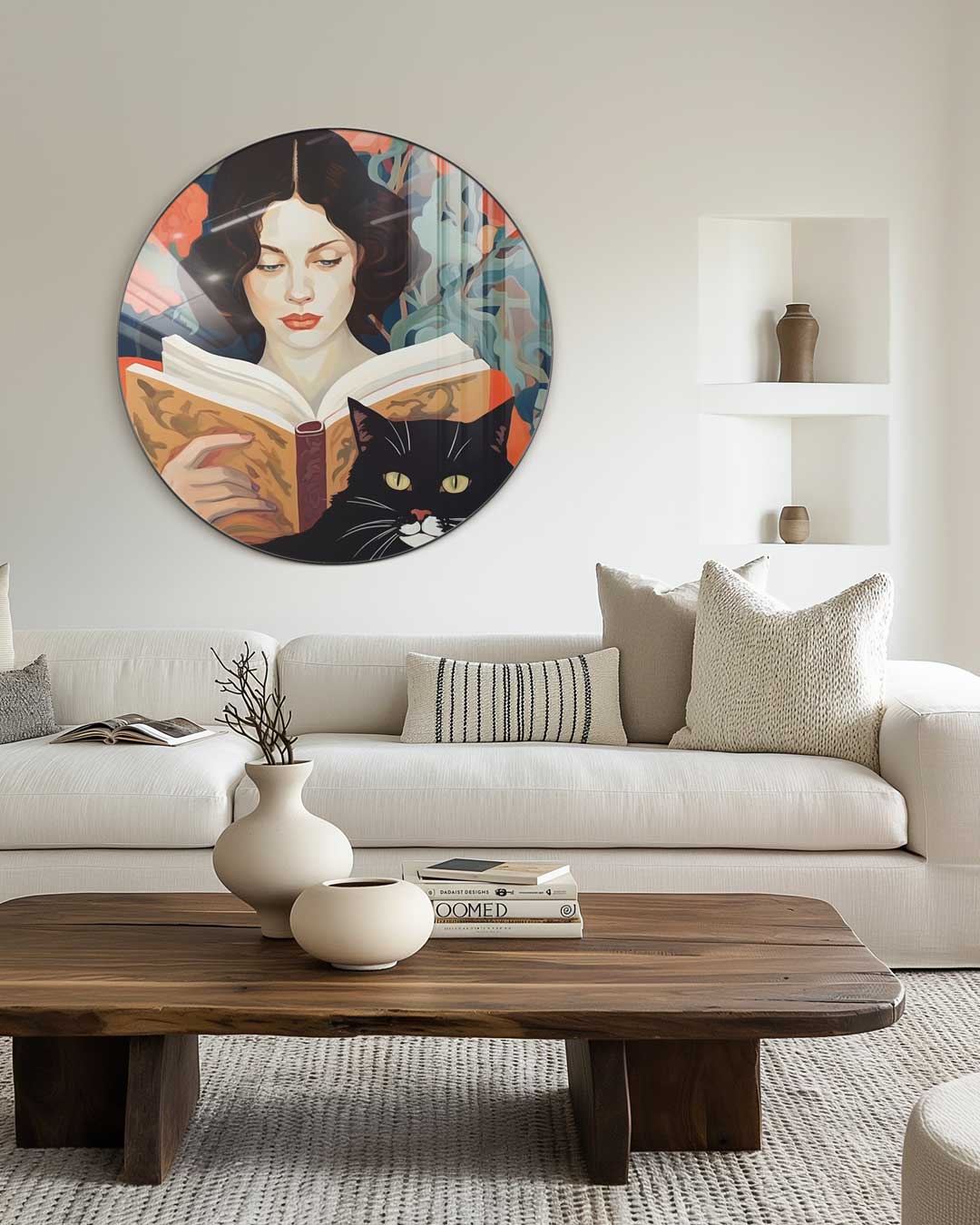 Chique Muurcirkel met Lezende Dame en Kat-WallArtistic