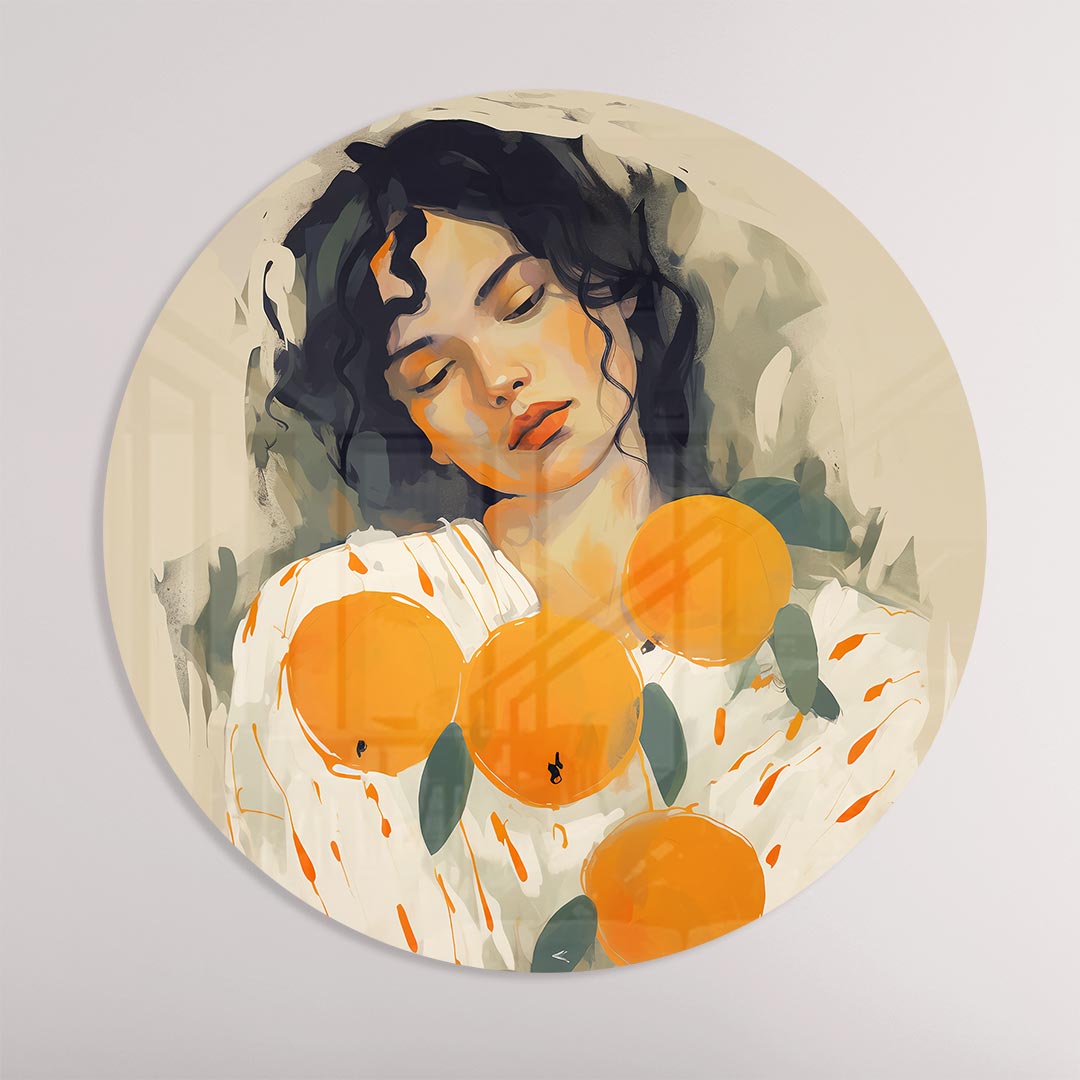 Dromerige Vrouw met Sinaasappels Muurcirkel-WallArtistic