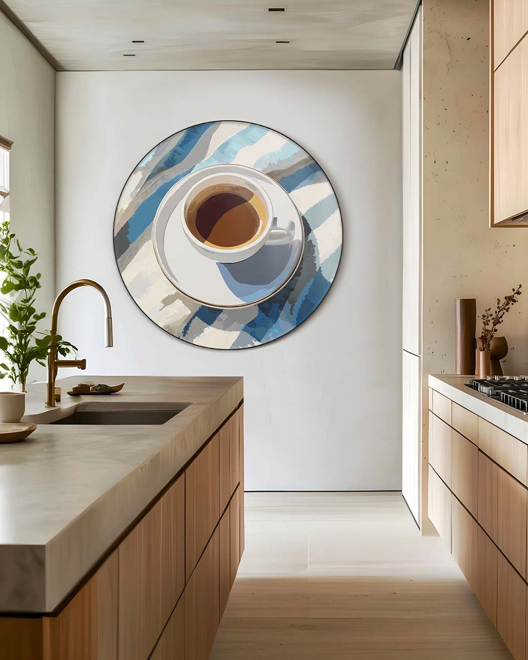 Koffie en Blauwe Strepen Muurcirkel-WallArtistic