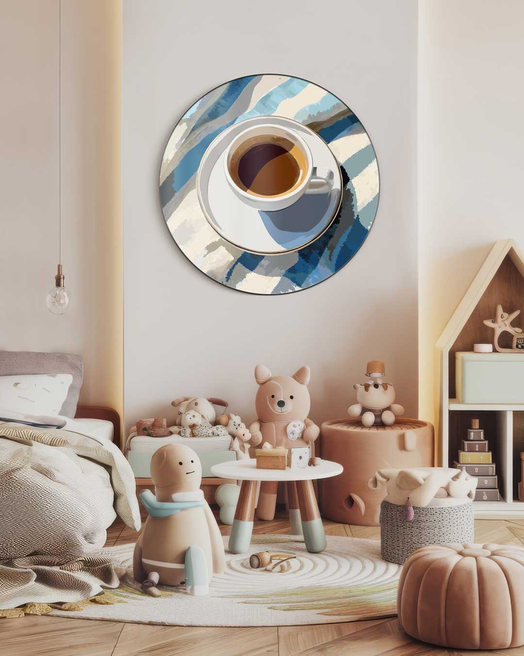 Koffie en Blauwe Strepen Muurcirkel-WallArtistic