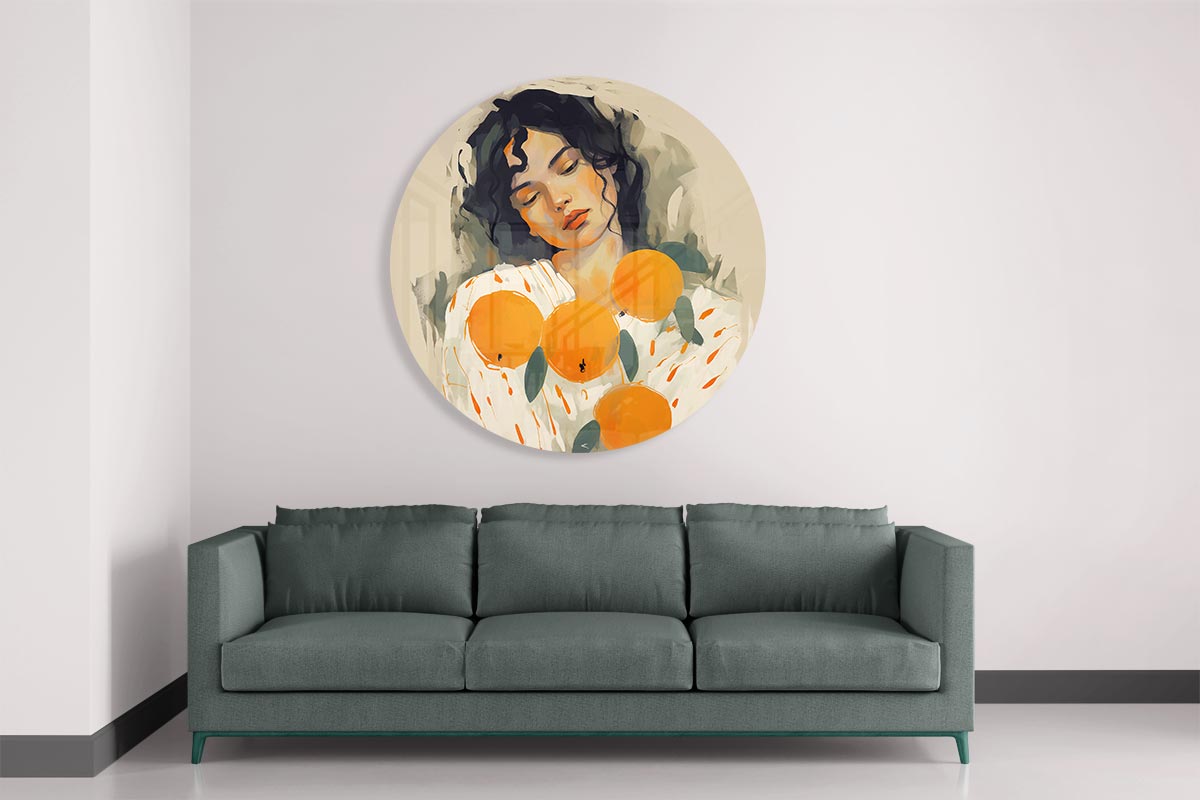 Dromerige Vrouw met Sinaasappels Muurcirkel-WallArtistic