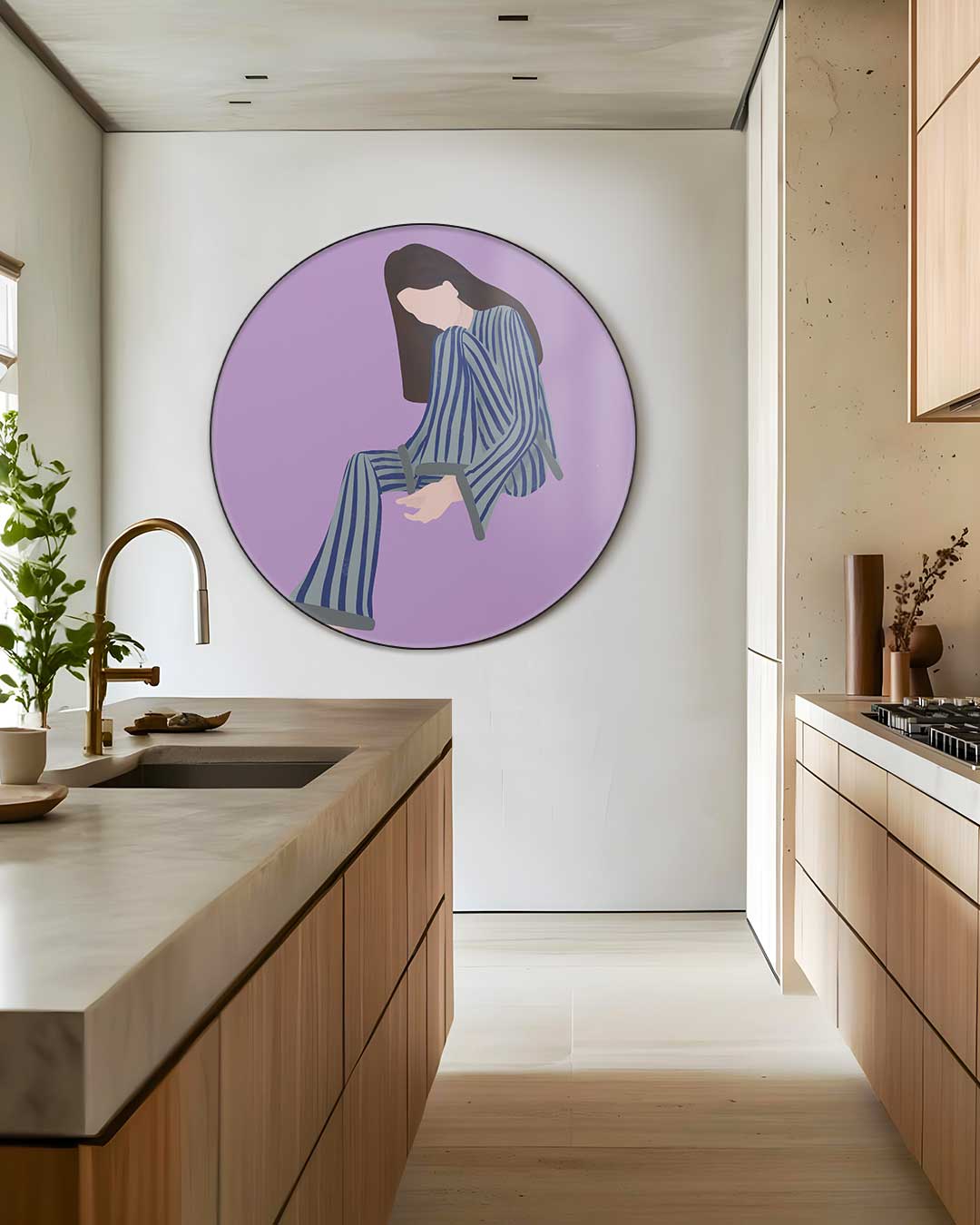 Dromerige vrouw op paarse achtergrond Muurcirkel-WallArtistic