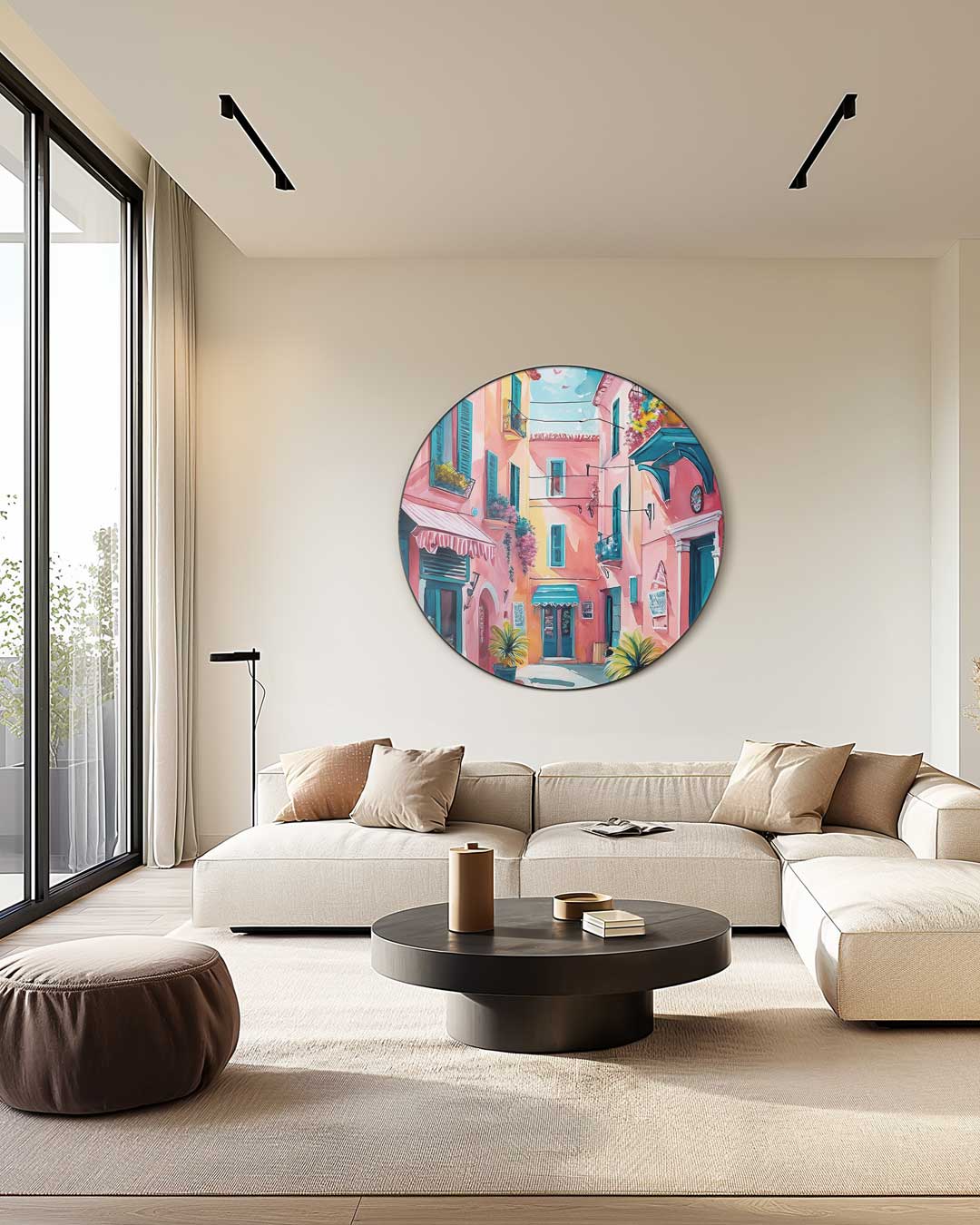 Zonnige Mediterrane Straat Muurcirkel-WallArtistic