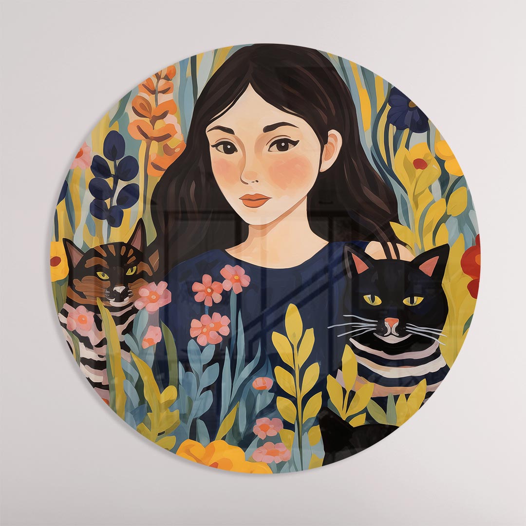 Vrolijke Vrouw en Katten Bloemen Muurcirkel-WallArtistic
