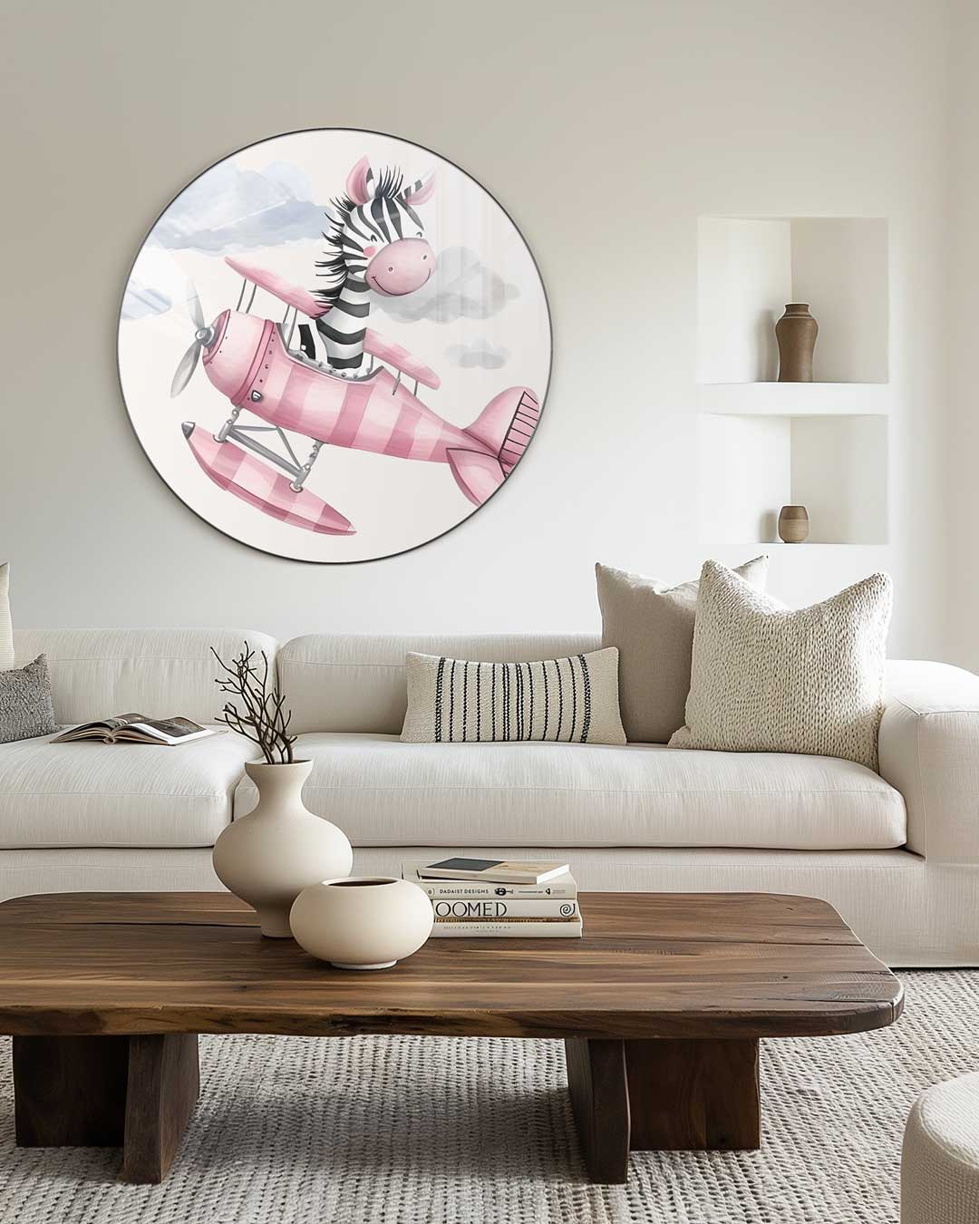 Vrolijke Zebra in Vliegtuig Muurcirkel-WallArtistic