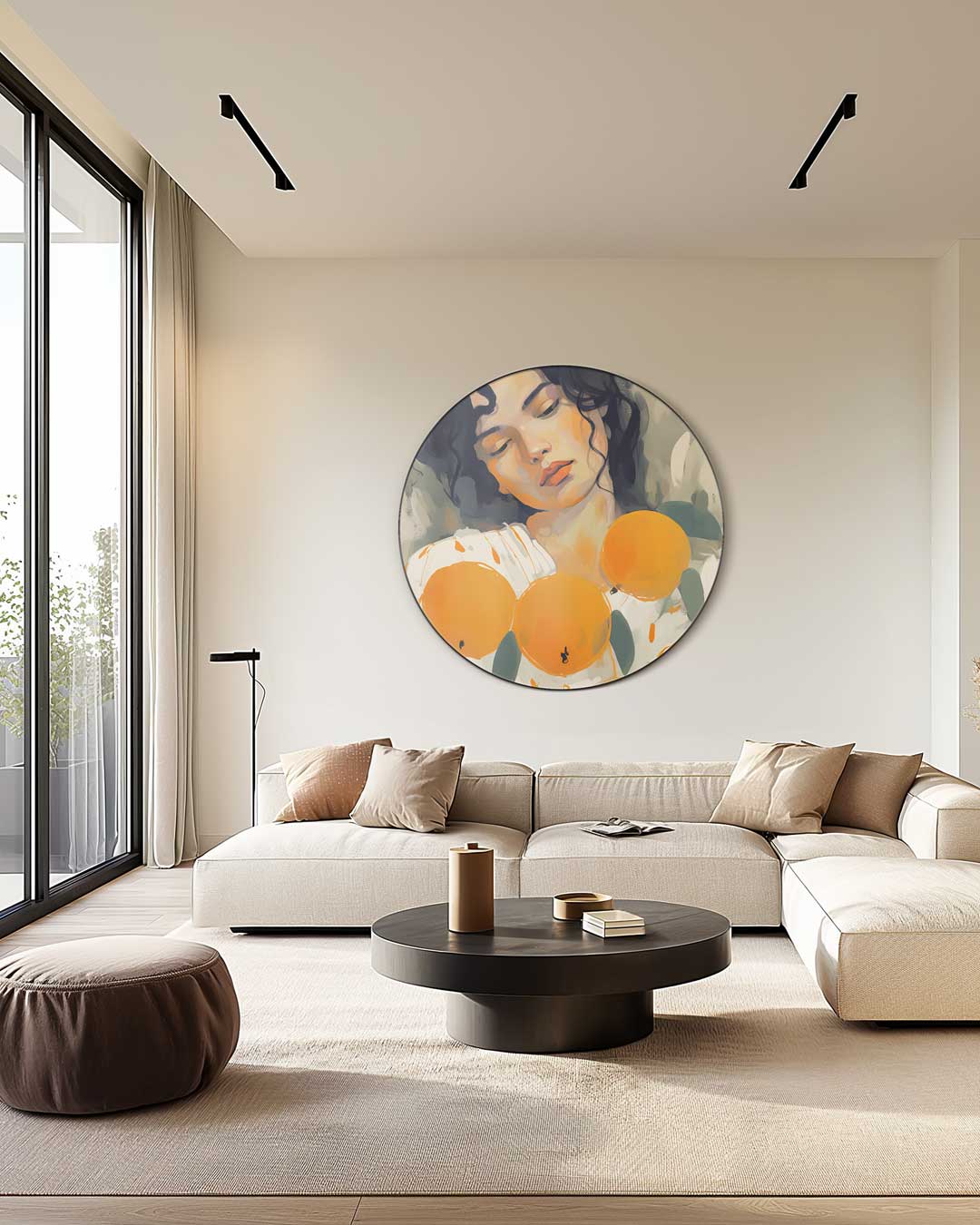 Dromerige Vrouw Met Sinaasappels Muurcirkel-WallArtistic