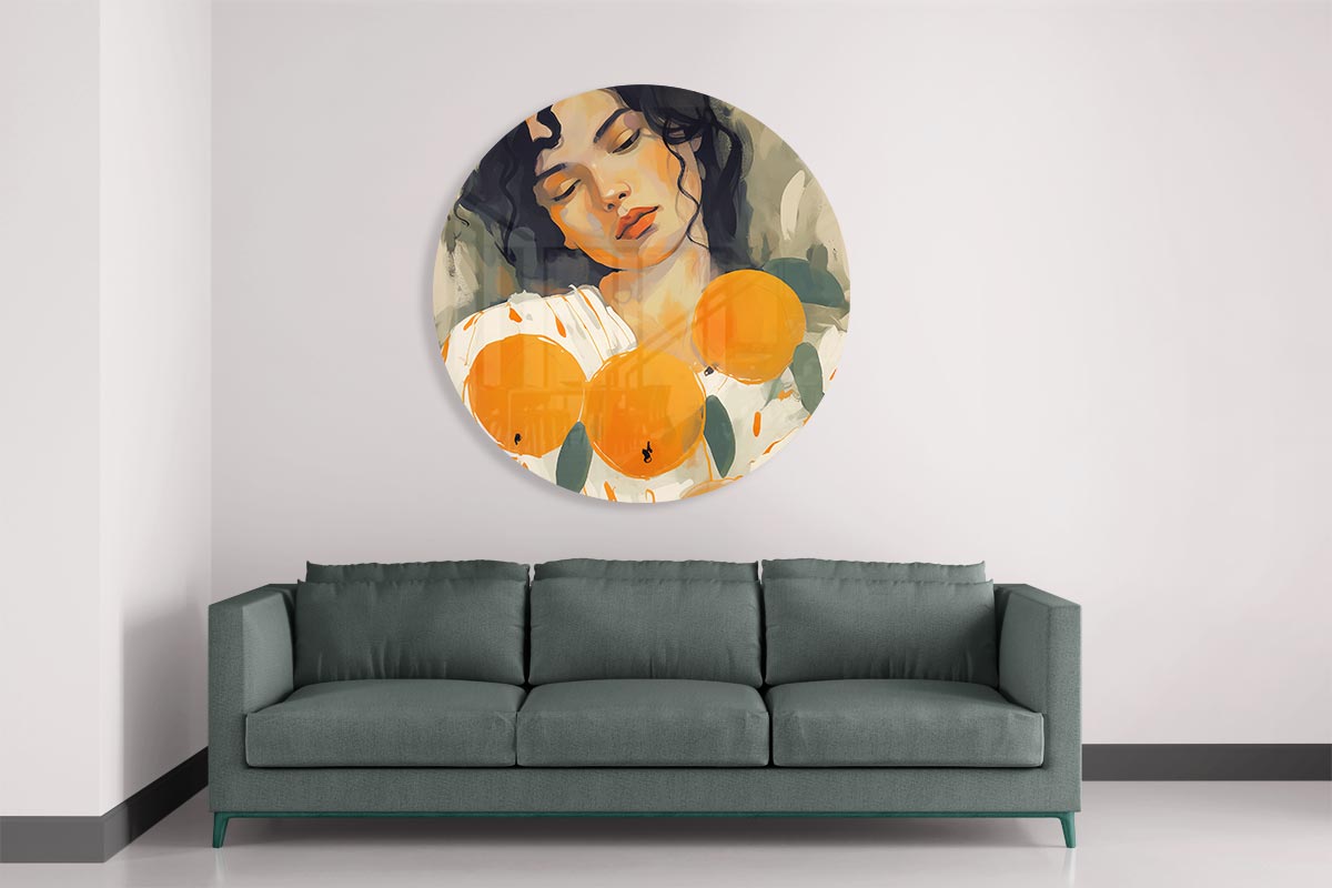 Dromerige Vrouw Met Sinaasappels Muurcirkel-WallArtistic