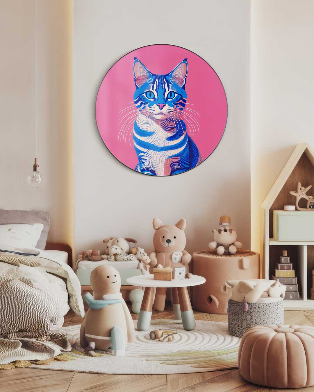 Blauwe Kat op Roze Achtergrond Muurcirkel