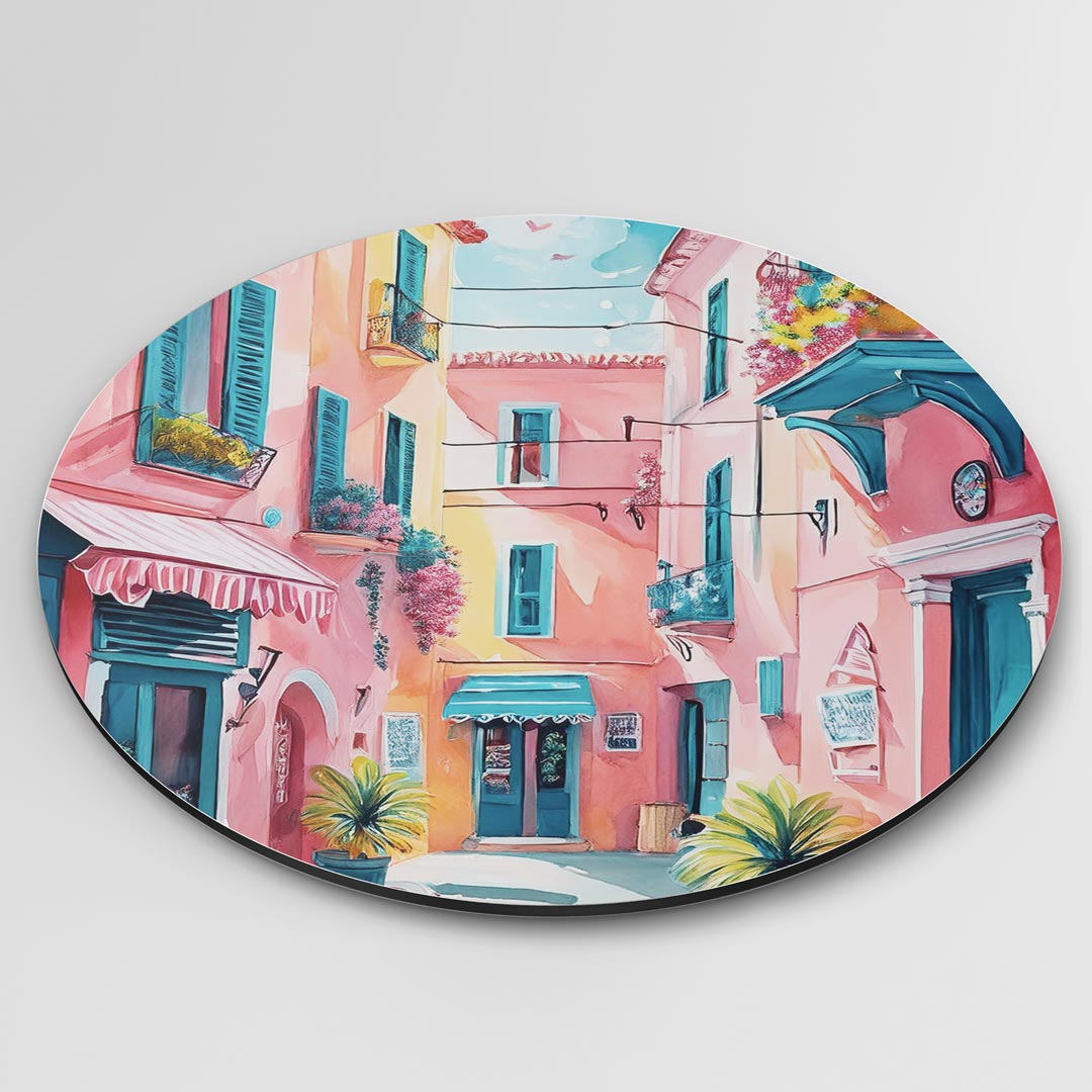 Zonnige Mediterrane Straat Muurcirkel-WallArtistic