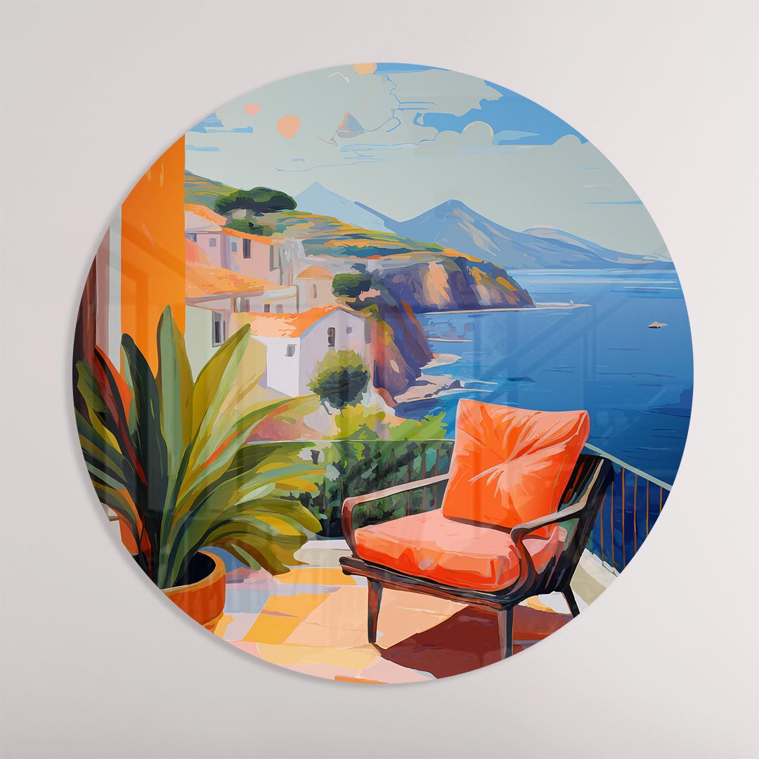 Zonnig Terras Uitzicht Muurcirkel-WallArtistic