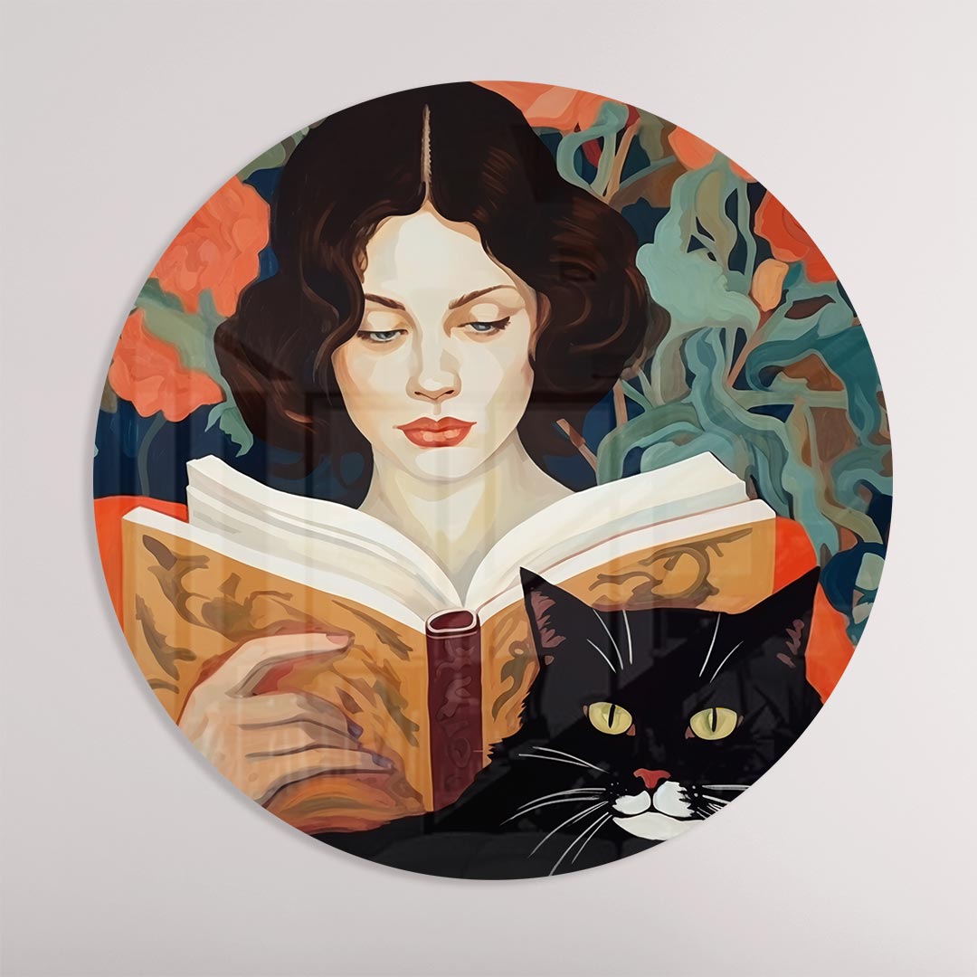 Chique Muurcirkel met Lezende Dame en Kat-WallArtistic
