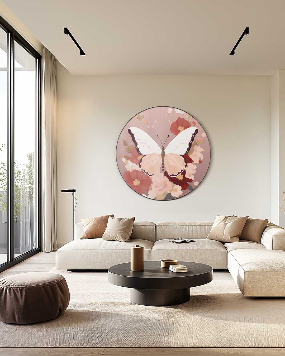 Elegant Vlinder en Bloemen Muurcirkel-WallArtistic