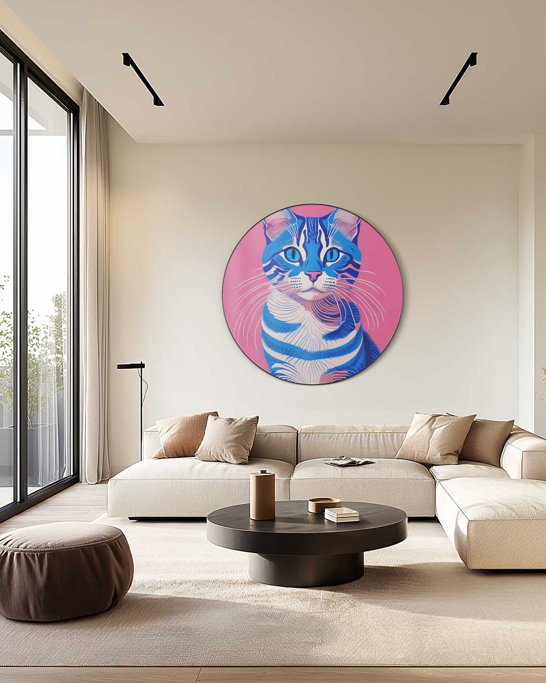 Blauwe Kat op Roze Achtergrond Muurcirkel