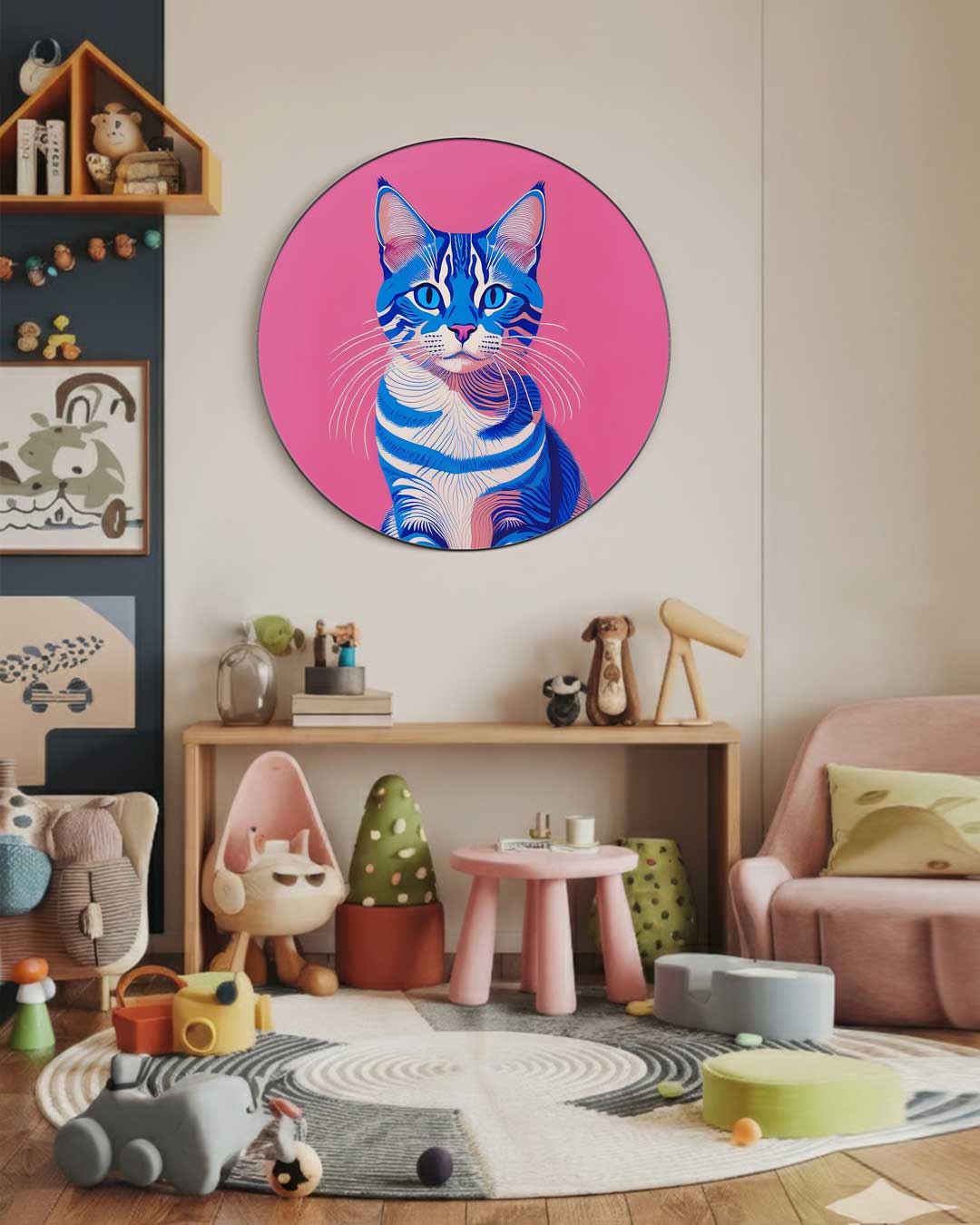 Blauwe Kat op Roze Achtergrond Muurcirkel