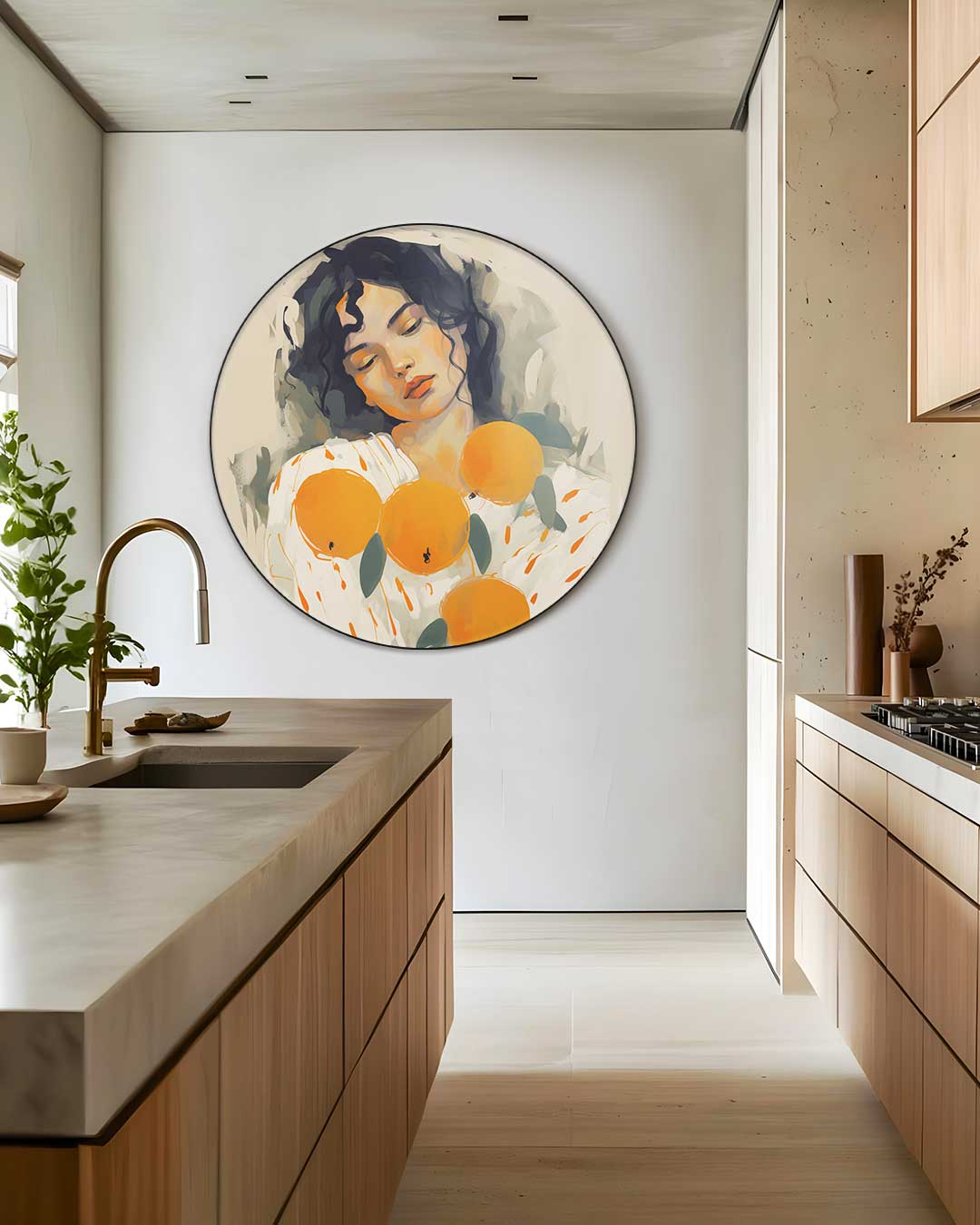 Dromerige Vrouw met Sinaasappels Muurcirkel-WallArtistic