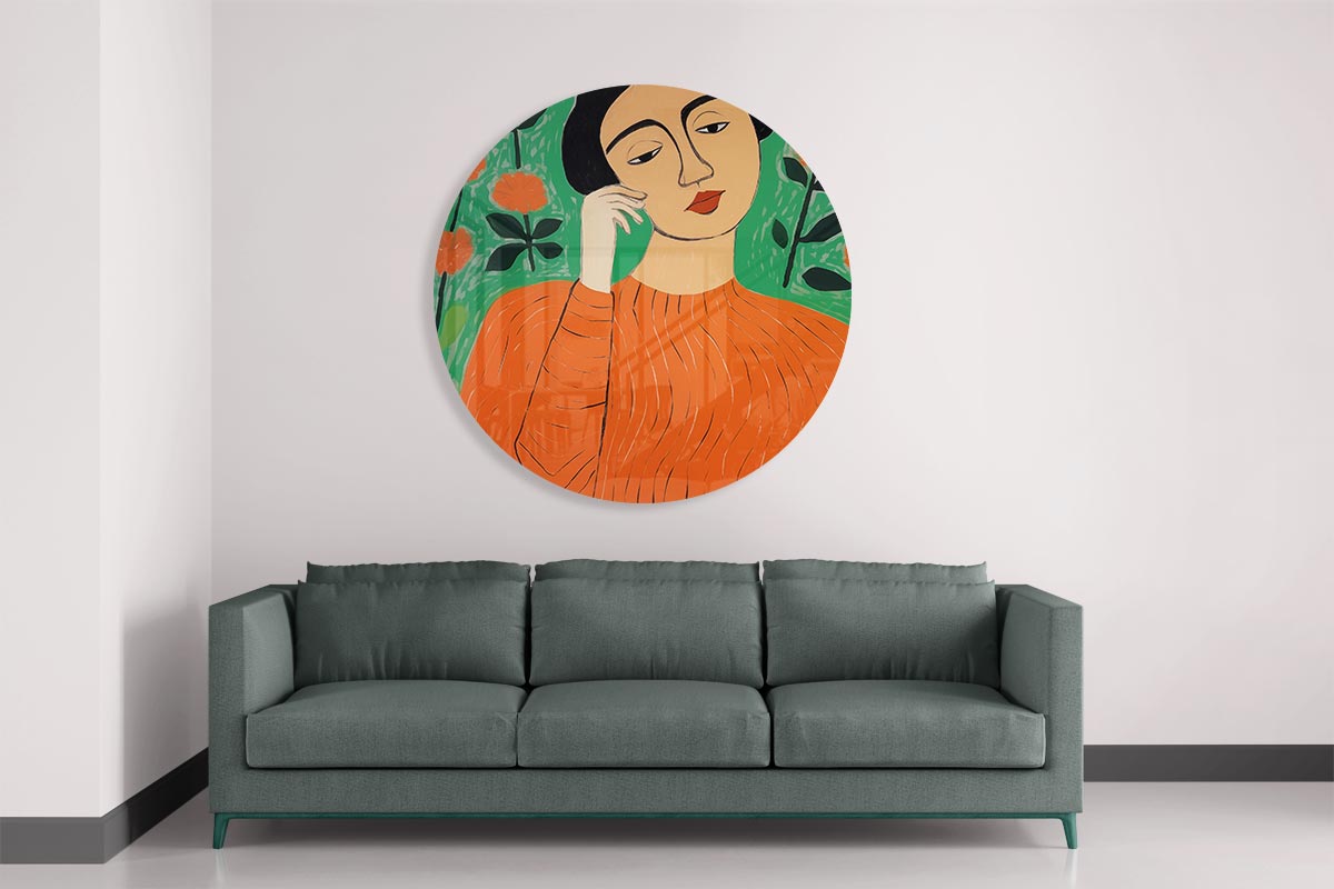 Vrouw in Oranje Bloemenpracht Muurcirkel-WallArtistic