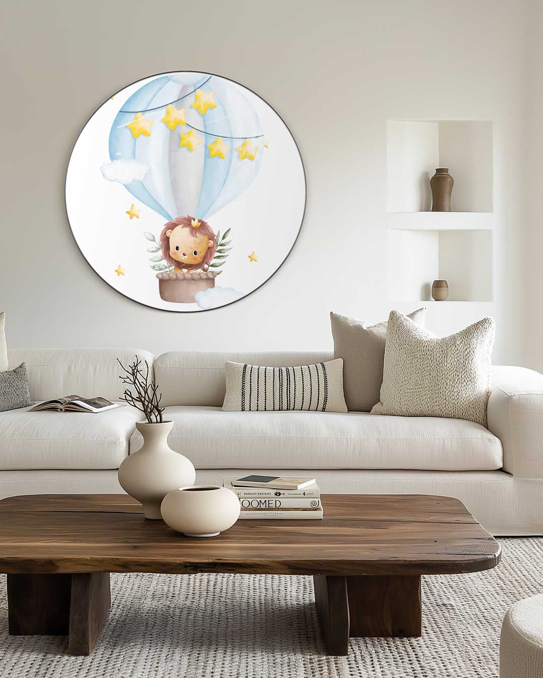 Schattige Leeuw Luchtballon Muurcirkel-WallArtistic