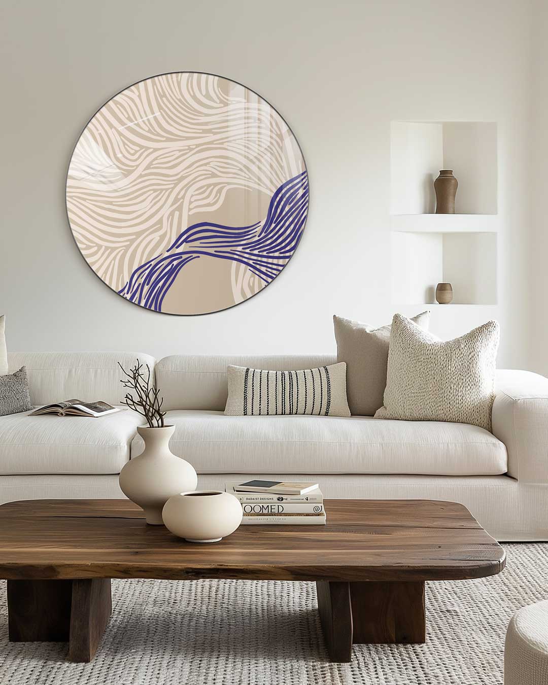 Artistieke Muurcirkel Beige en Blauw