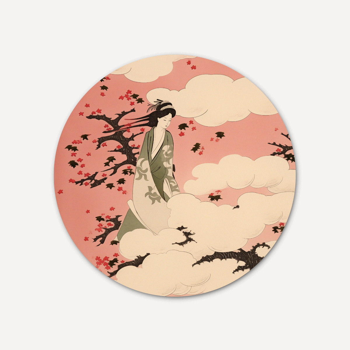 Sereniteit in Bloei - Japanse Muurcirkel met Kersenbloesem en Kimono-WallArtistic