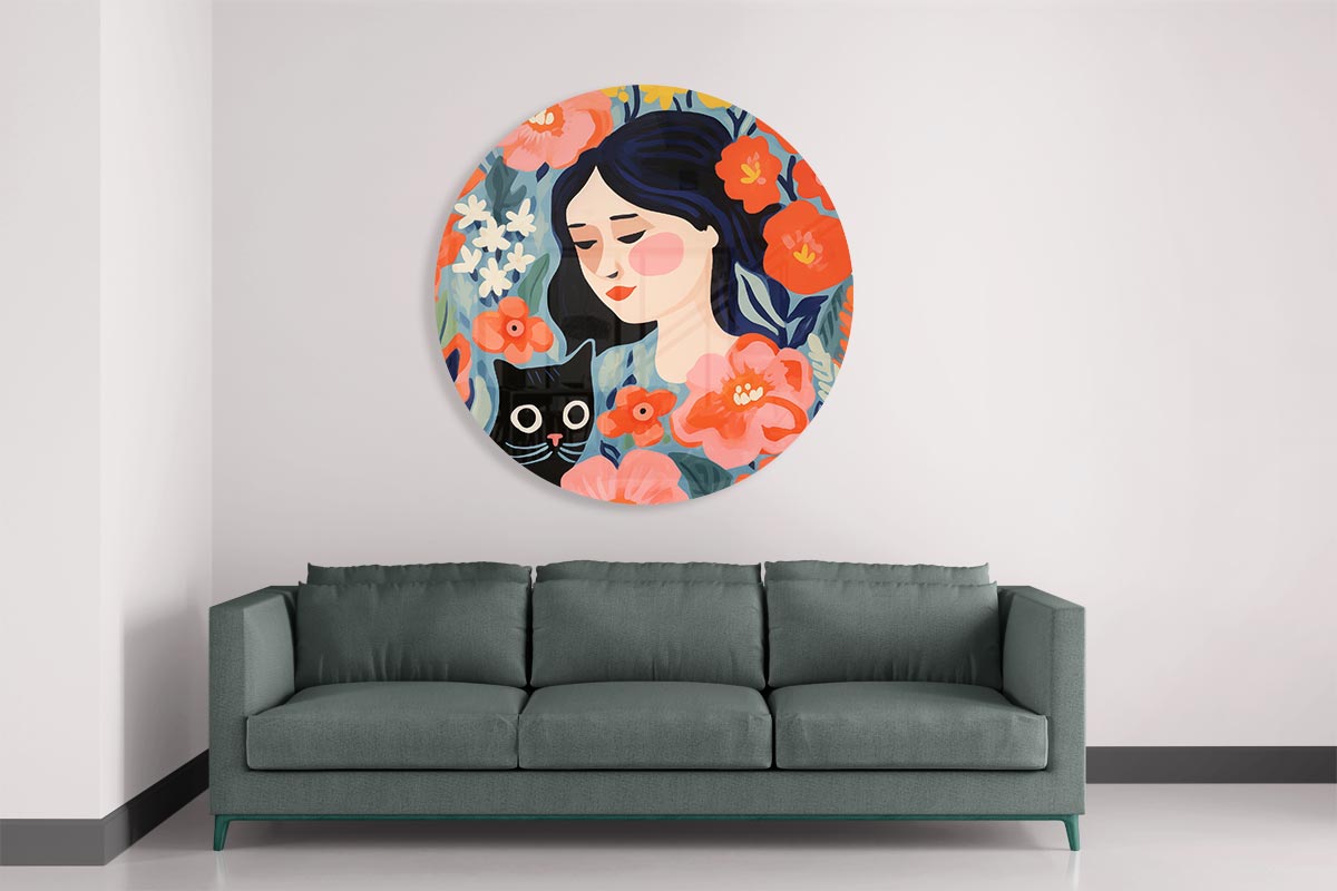 Bloemen en Katten Vrouwelijke Muurcirkel-WallArtistic
