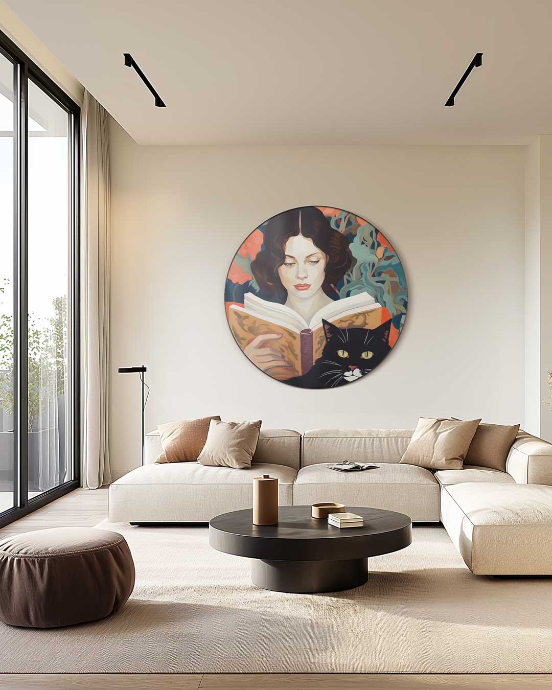 Chique Muurcirkel met Lezende Dame en Kat-WallArtistic