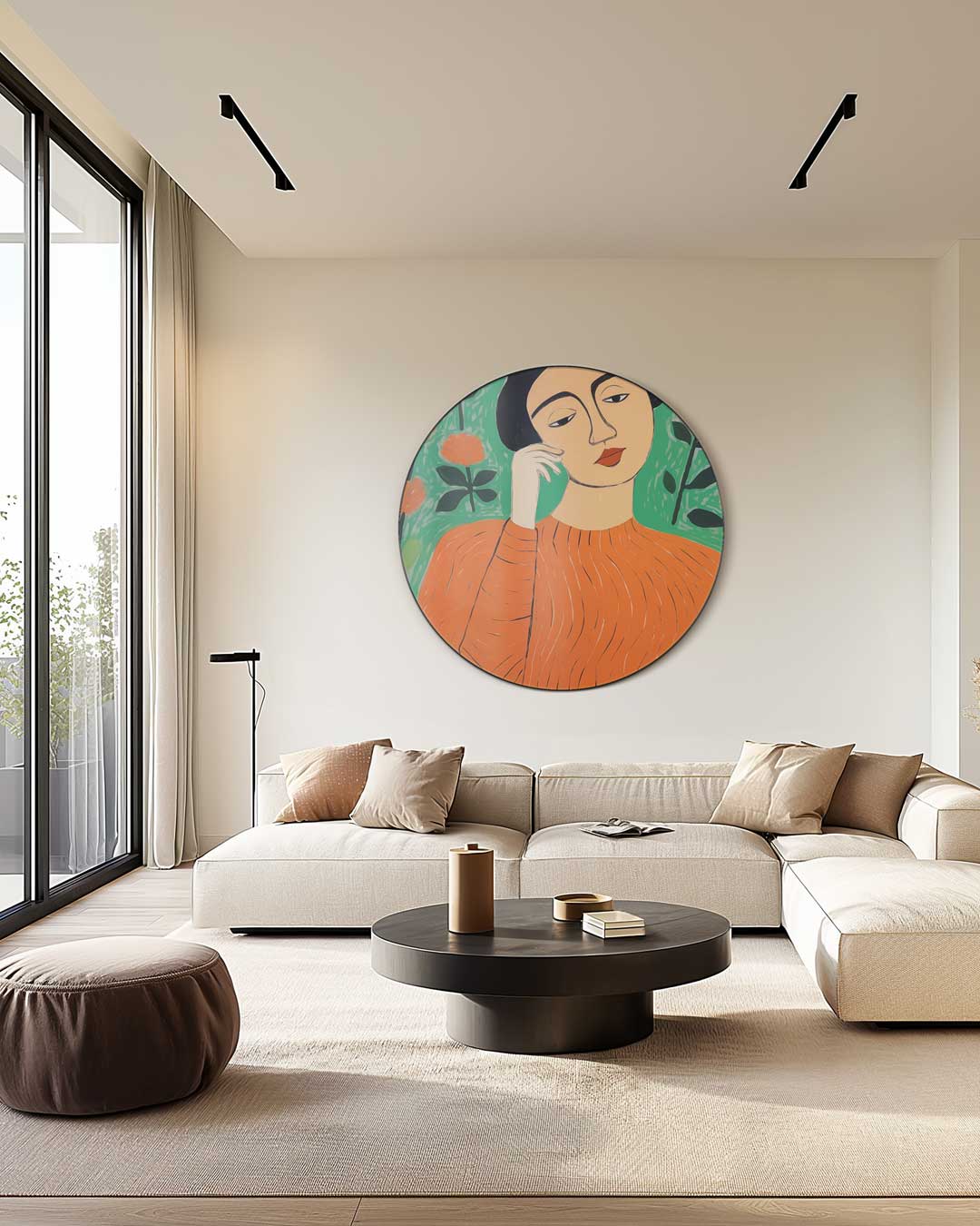 Vrouw in Oranje Bloemenpracht Muurcirkel-WallArtistic