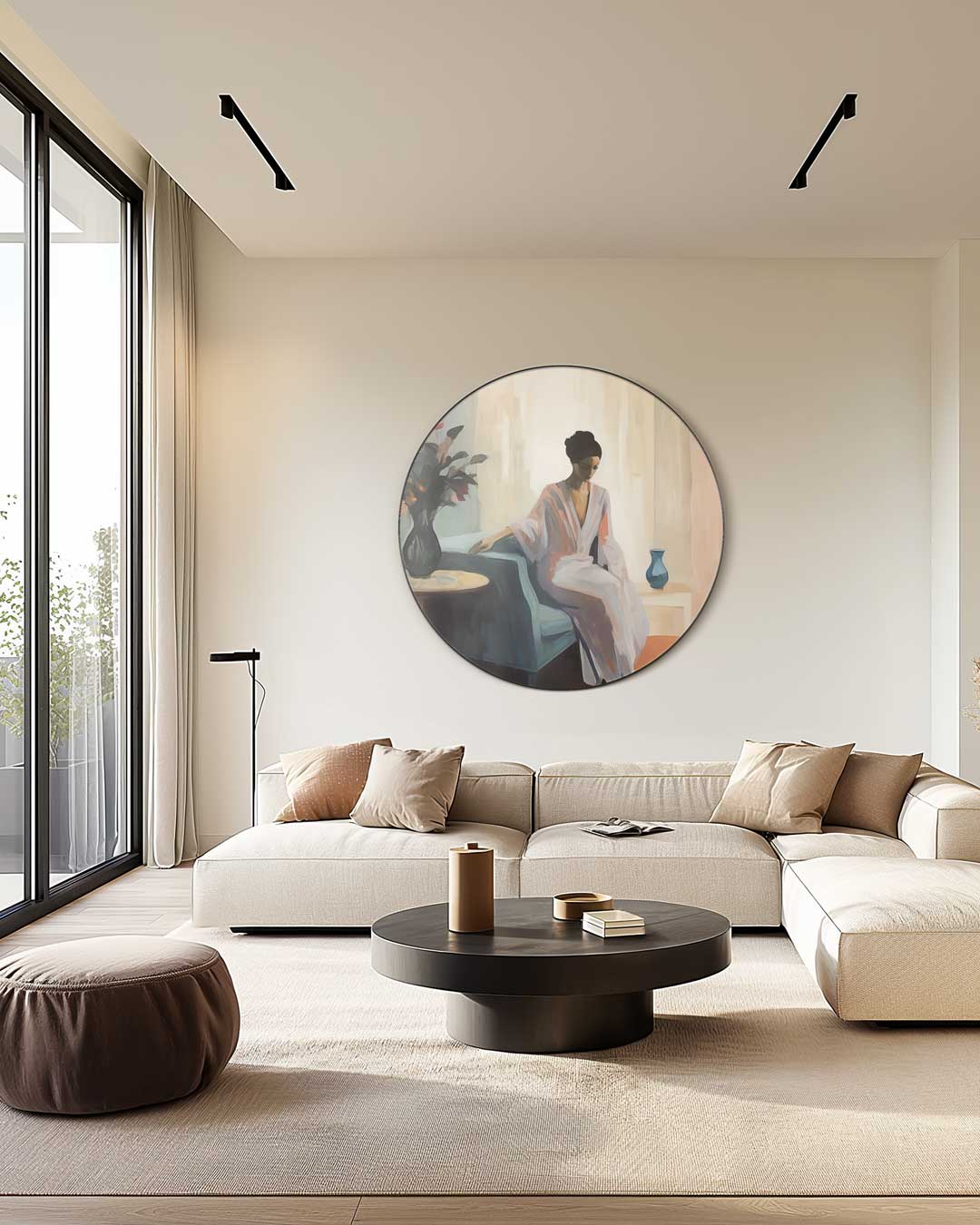 Elegante Dame in Stille Moment Muurcirkel-WallArtistic