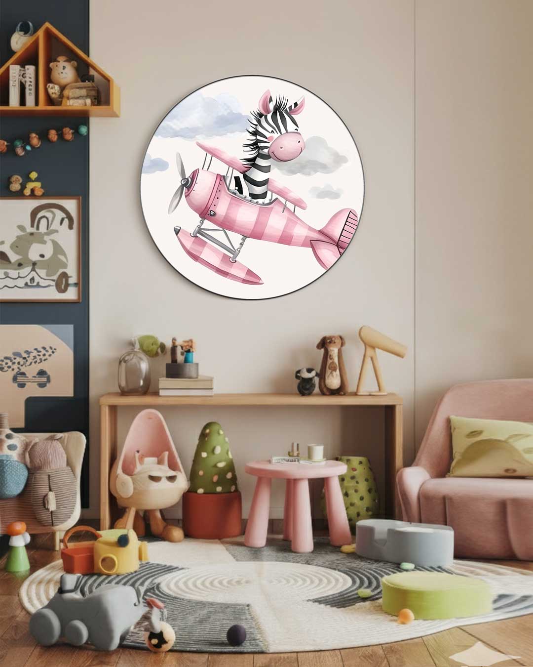 Vrolijke Zebra in Vliegtuig Muurcirkel-WallArtistic