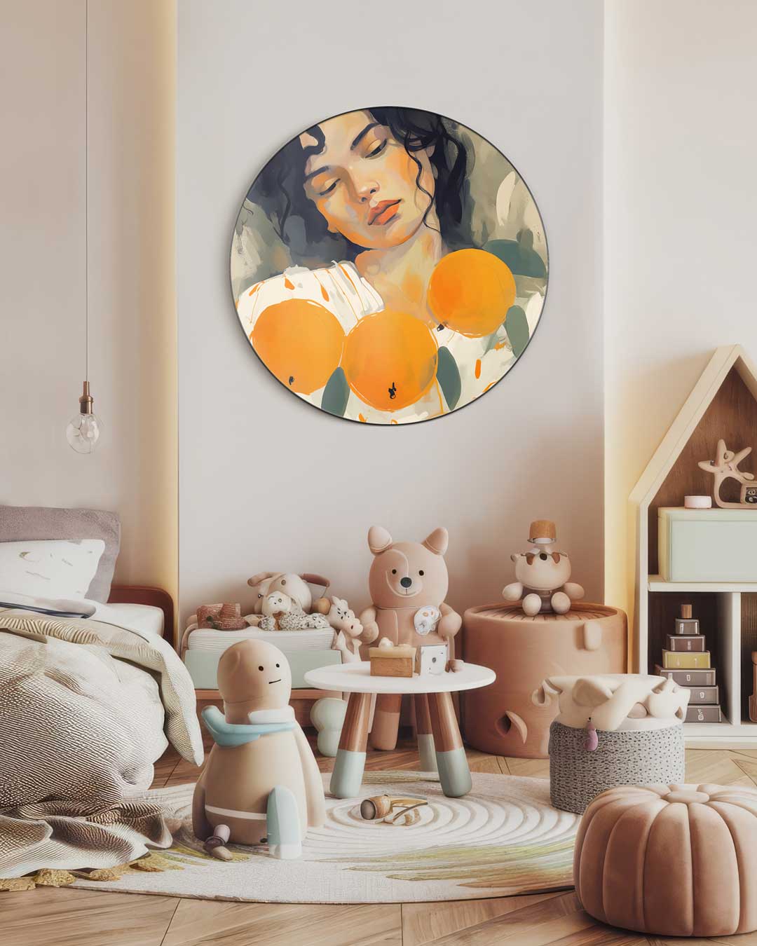 Dromerige Vrouw Met Sinaasappels Muurcirkel-WallArtistic