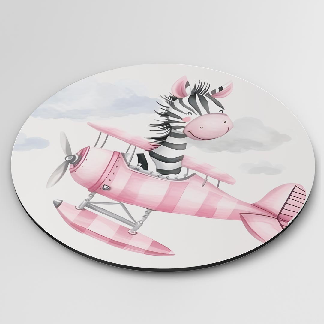 Vrolijke Zebra in Vliegtuig Muurcirkel-WallArtistic