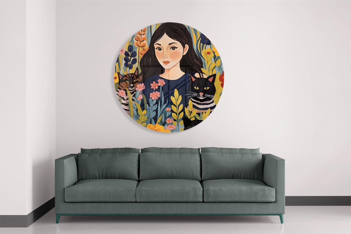 Vrolijke Vrouw en Katten Bloemen Muurcirkel-WallArtistic