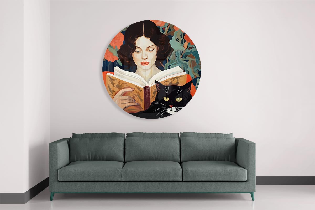 Chique Muurcirkel met Lezende Dame en Kat-WallArtistic